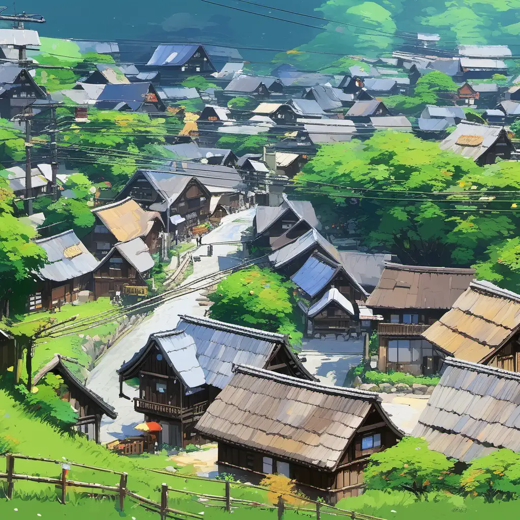 Scenic Shirakawa Village Japan Landscape in Acrylic Palette Knife Style