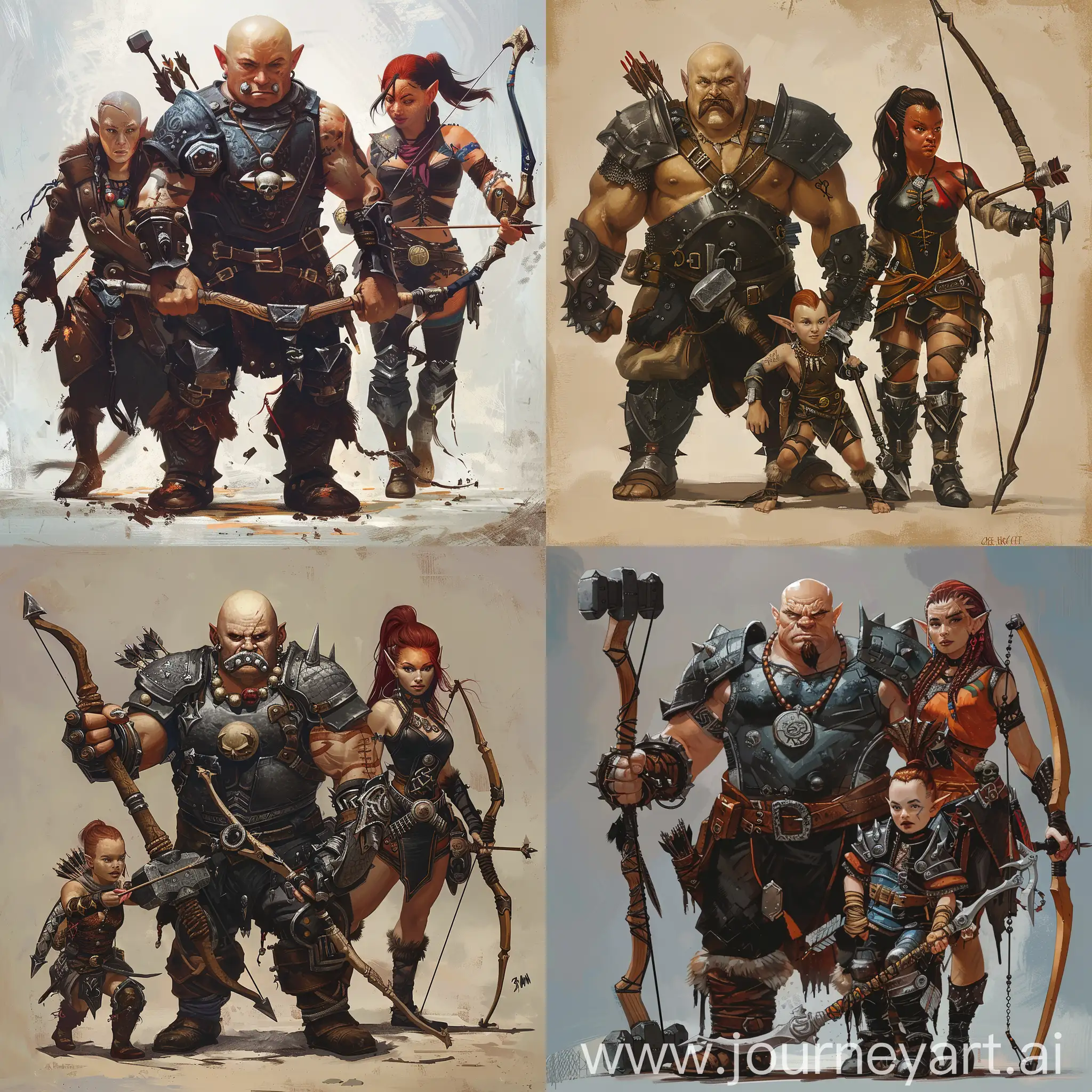 a fantasy bald dwarf wearing heavy armor and with a necklace representing a hammer, a fantasy human archer wearing a black light armor and a longbow with ponytailed brown hair, and a female tiefling with red skin a black hair with two daggers. They cooperate as a team