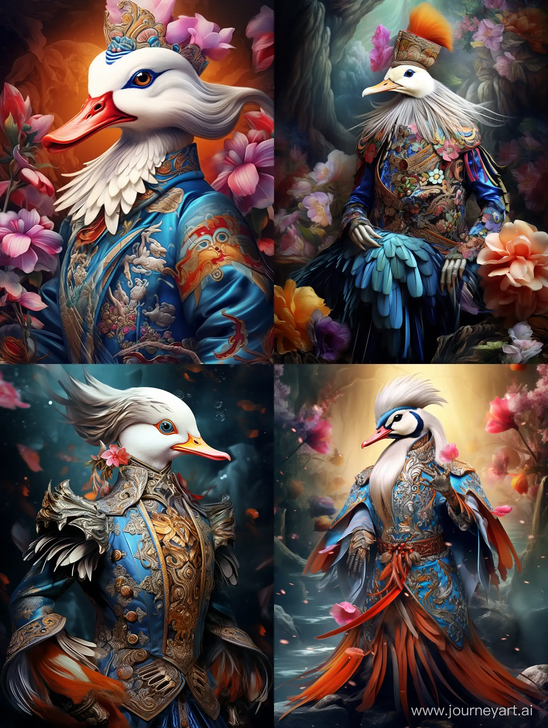 cool fashion mandarin duck bird! in clothes and with parfum! in her! hand, detailed, realistic, beautiful background