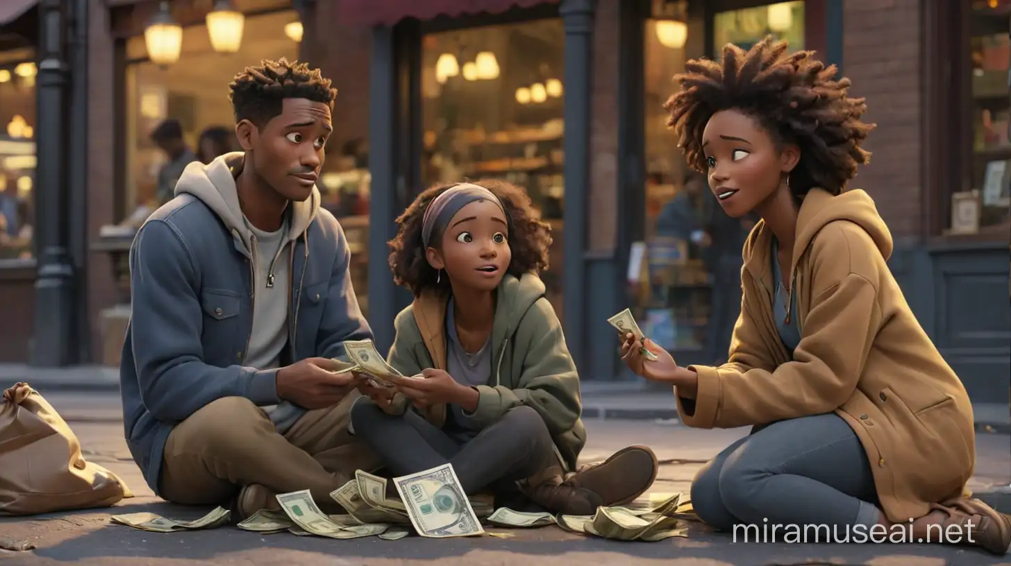 create an image of a rich African-American male gives a wad of money to a homeless  African-American women sitting  on the ground outside a store.
illumination, Disney- Pixar style illustration 3-D Animation, 4k