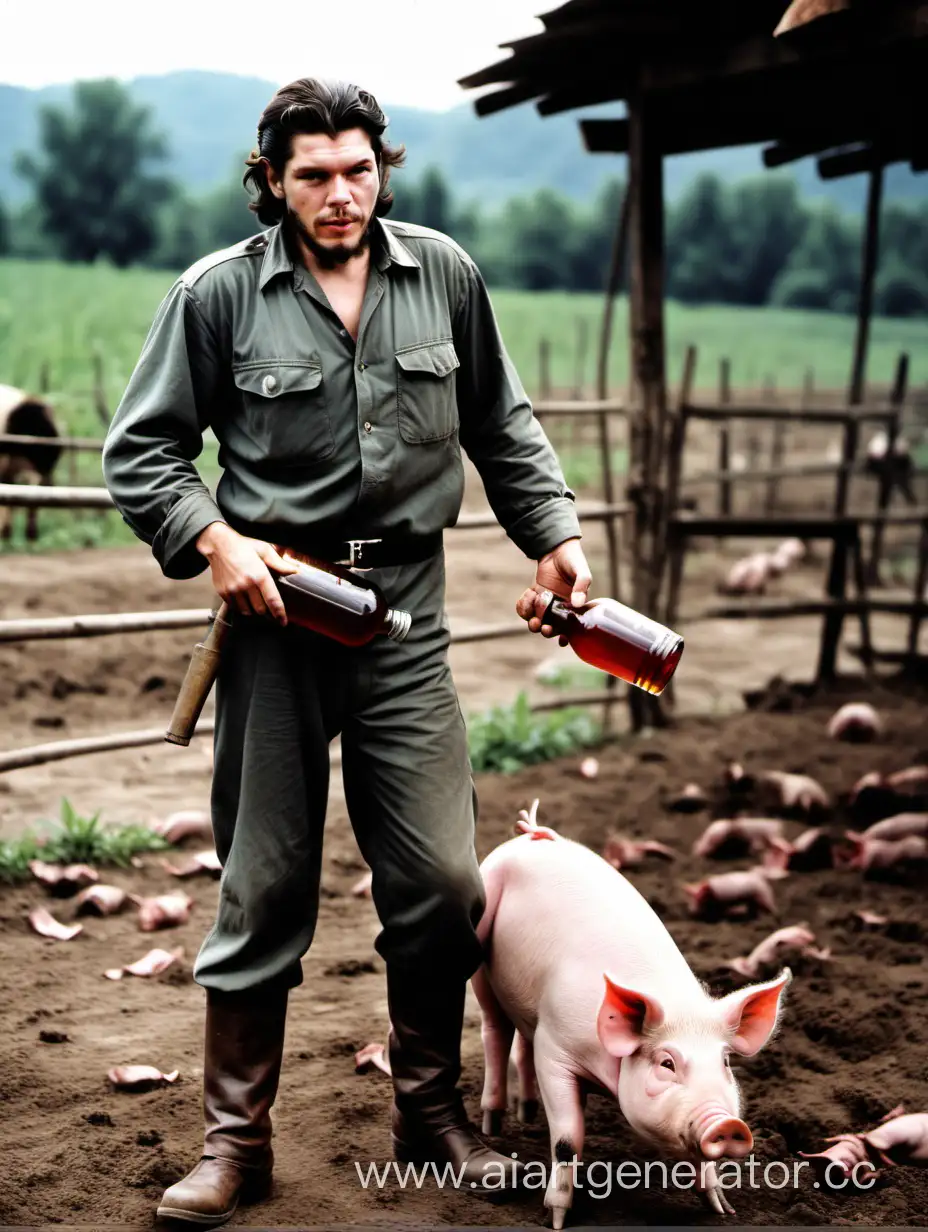Че Гевара с бутылкой самогона в руке сильно пинает свинью на ферме