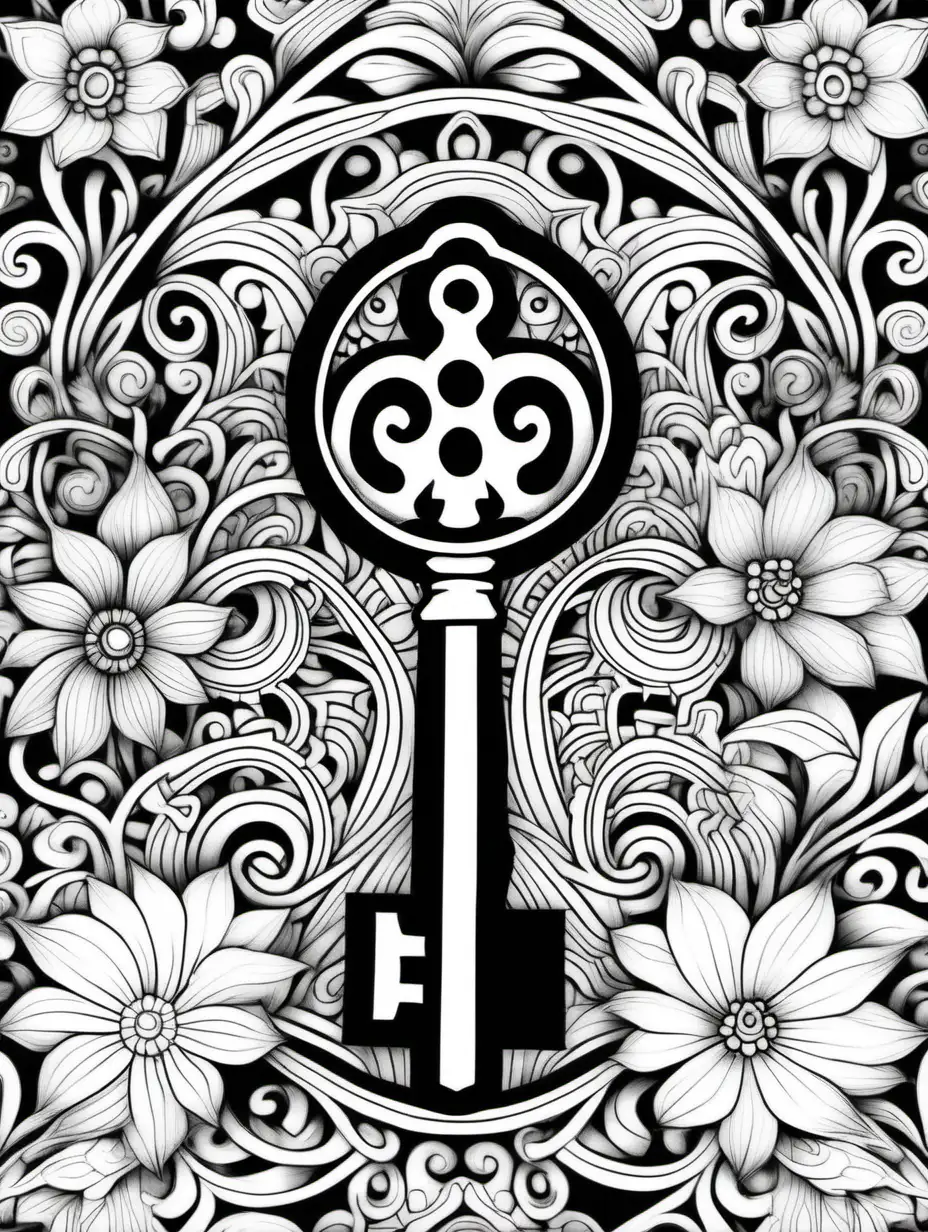 skeleton key, adult coloring page, doodle floral art background, black and white, thick black lines, clean edges, full page, color by number