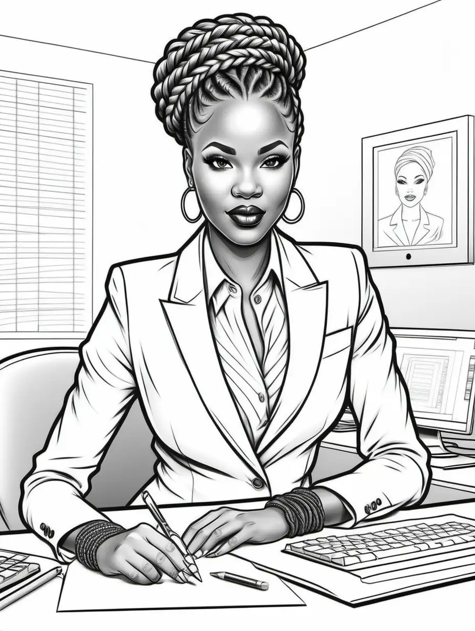 Coloring page for adults, pinup, african girl dressed as a bussiness women, braided hair, white background, clean line art, fine line artcoloring page for adults
Fill the page with an office background.
Pay attention to details especially hands. Clean realistic drawn hands