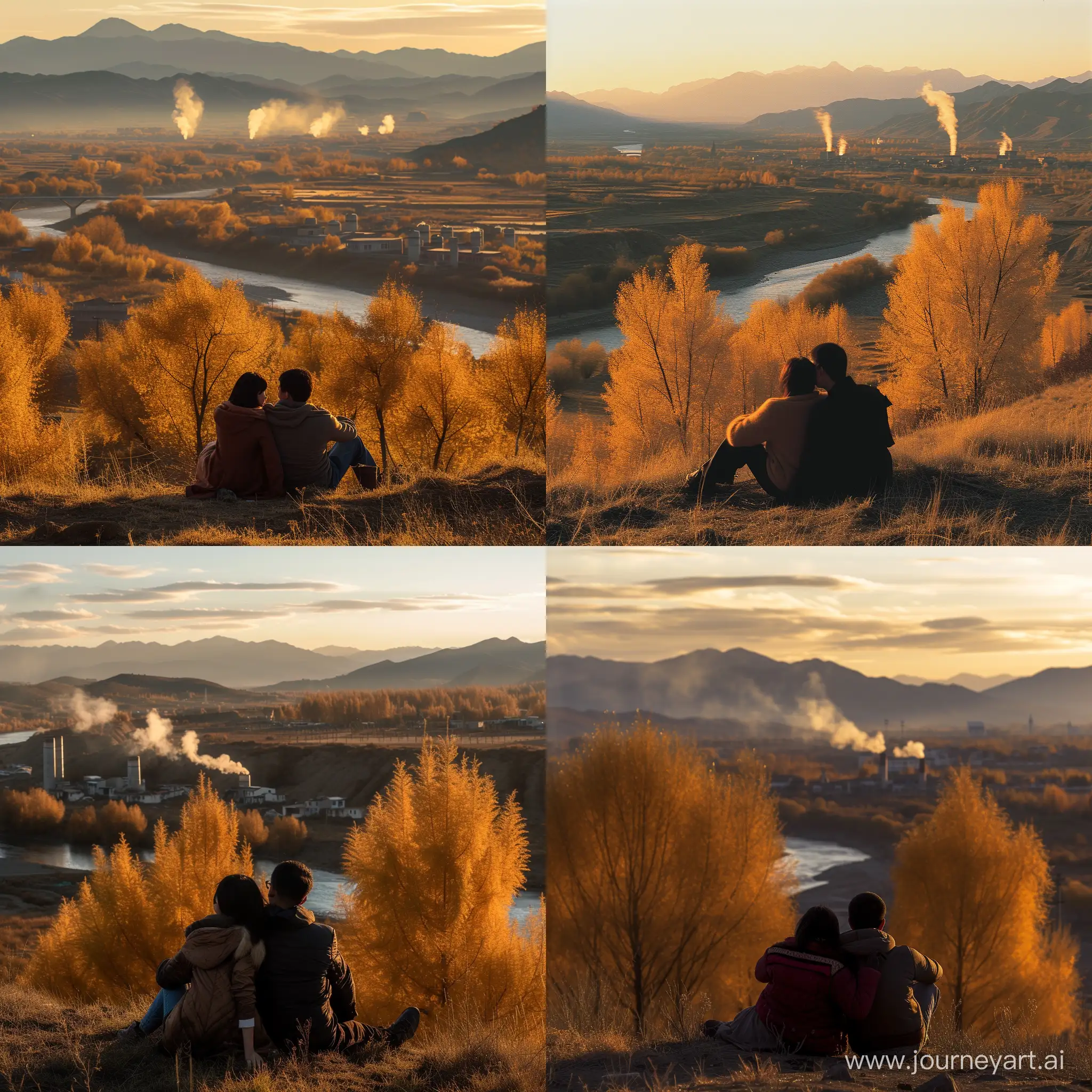 秋天的新疆禾木，一对情侣坐在山坡上，女的靠在男的肩膀上，金黄的树木，远方有山，落日，河流，村庄、炊烟