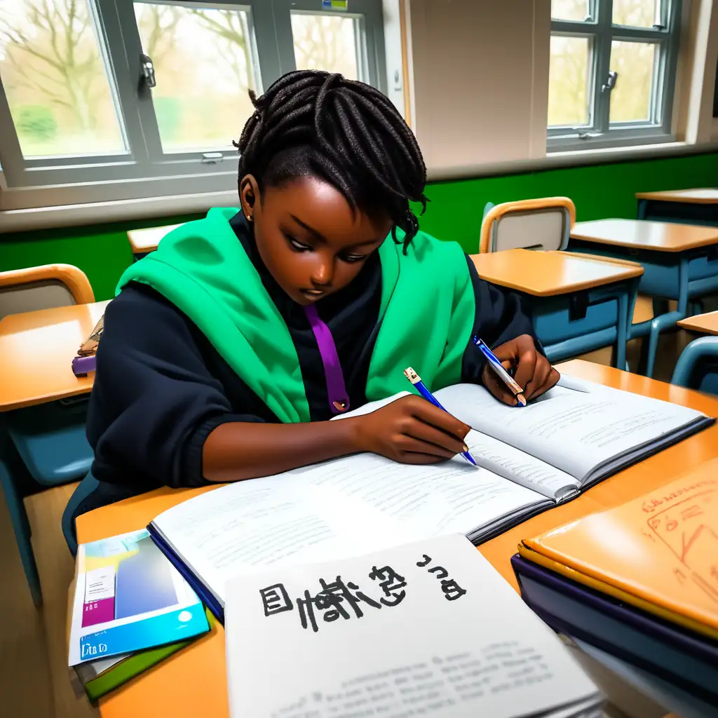 A photo of a  black University post graduate student studying in a vibrant classroom in the UK, with the caption 