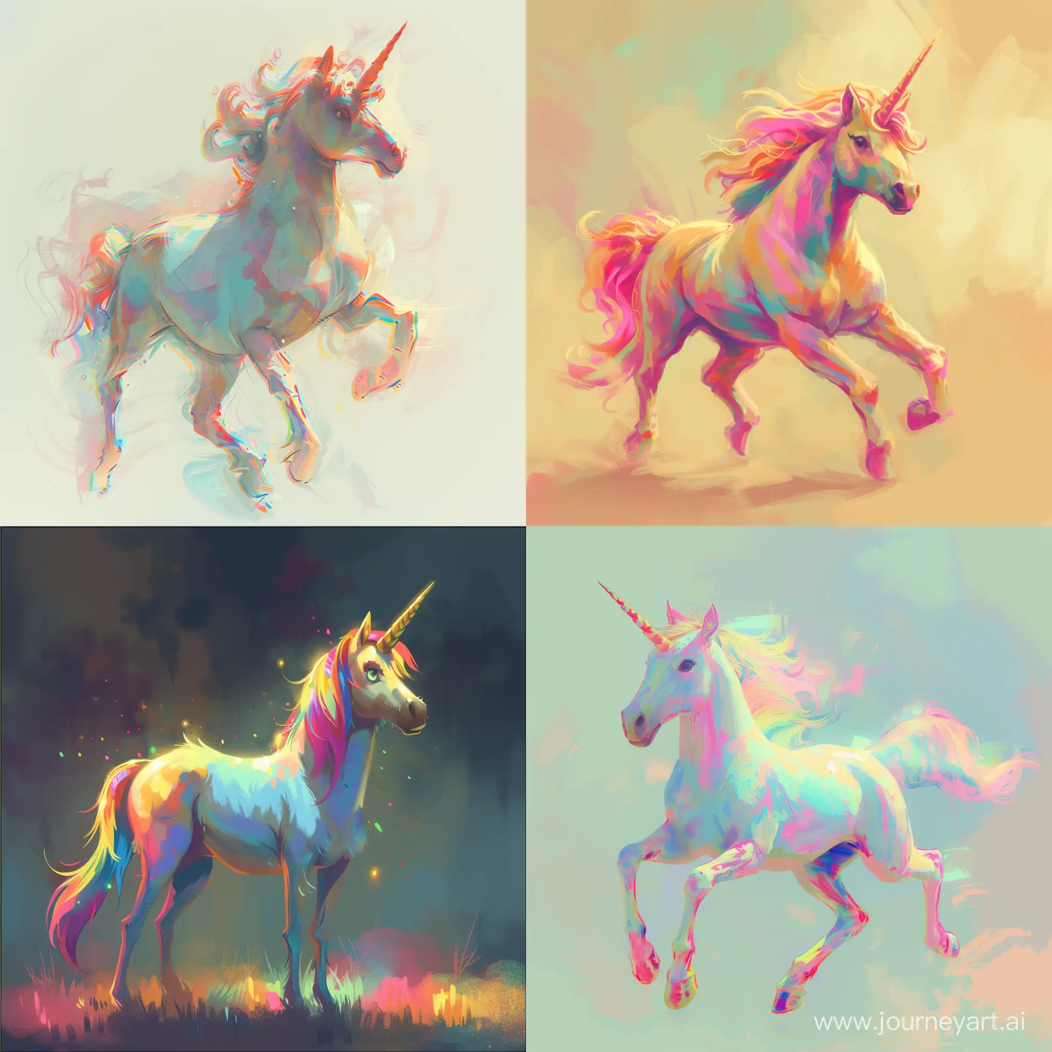 a medium quality digital illustration of a crazy unicorn with its full body visible, inspired by the style of Gravity Falls, featuring minimal detailing and soft light. The artwork is characterized by a vibrant color palette, bringing the unicorn to life in a whimsical and playful manner. --v 6 --ar 1:1 --no 84916