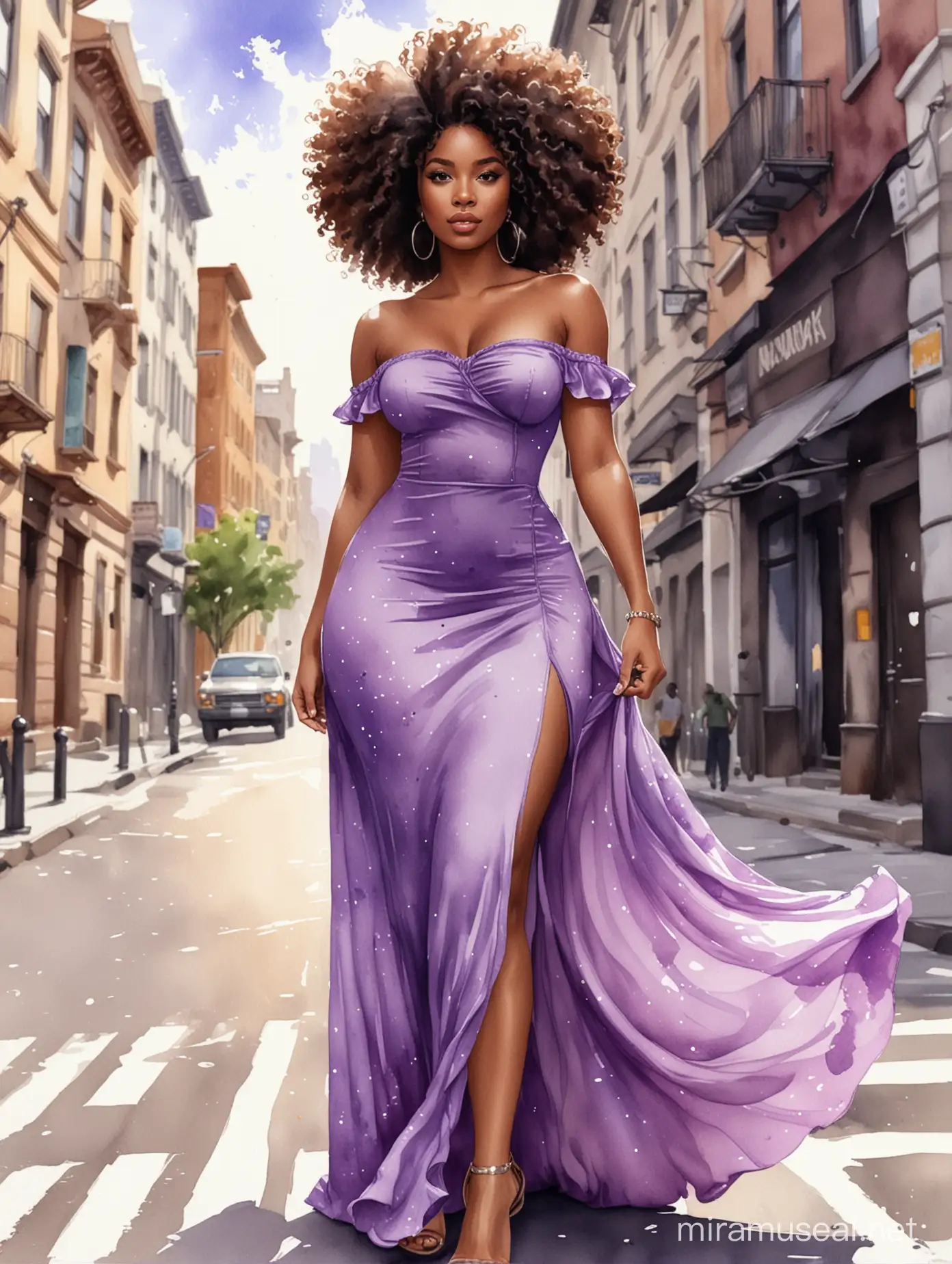 Create a watercolor cartoon image of a curvy black female walking thru the city streets wearing a purple off the shoulder maxi sundress. Prominent make up with brown eyes. Highly detailed tight curly black shiny afro