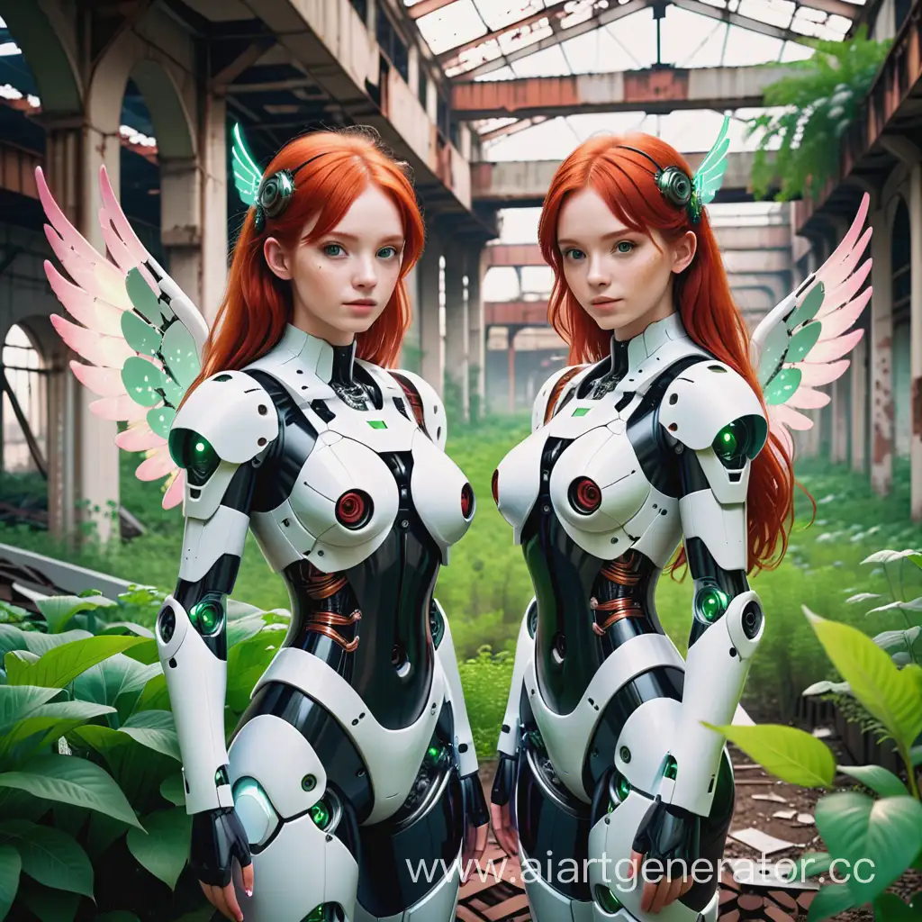 two red-haired twins of a cyborg girl with robotic wings. In a ruined and abandoned city full of green plants