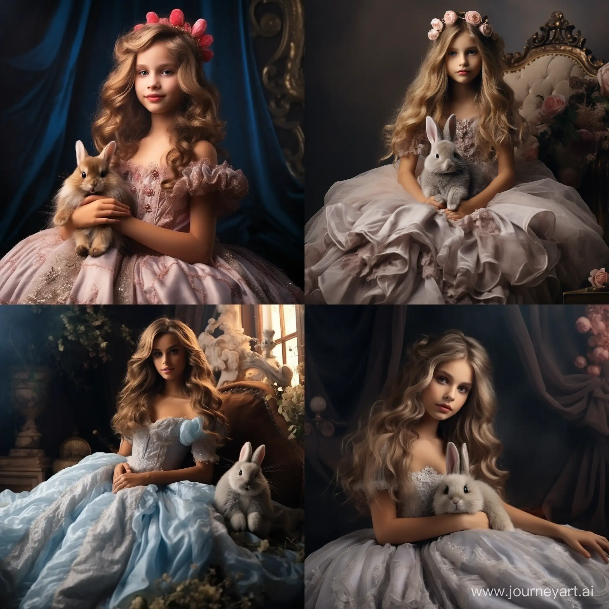Очень красивая девочка принцесса с длинными  светлыми волосами во весь рост в красивом бальном пышном платье с кроликом