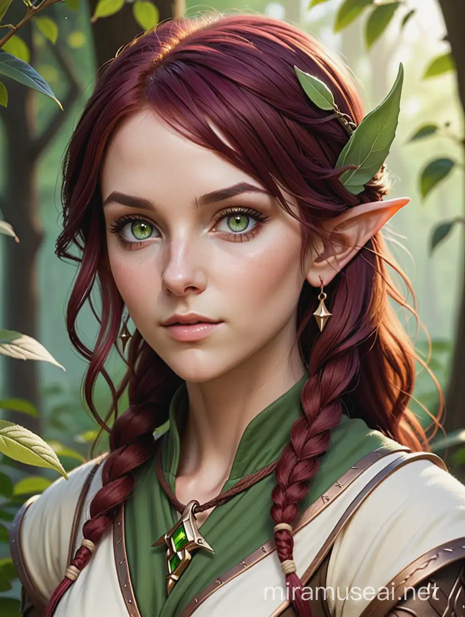 wood elf, female, cleric, burgundy hair, sage green eyes, beige skin, realistic, wearing amulet