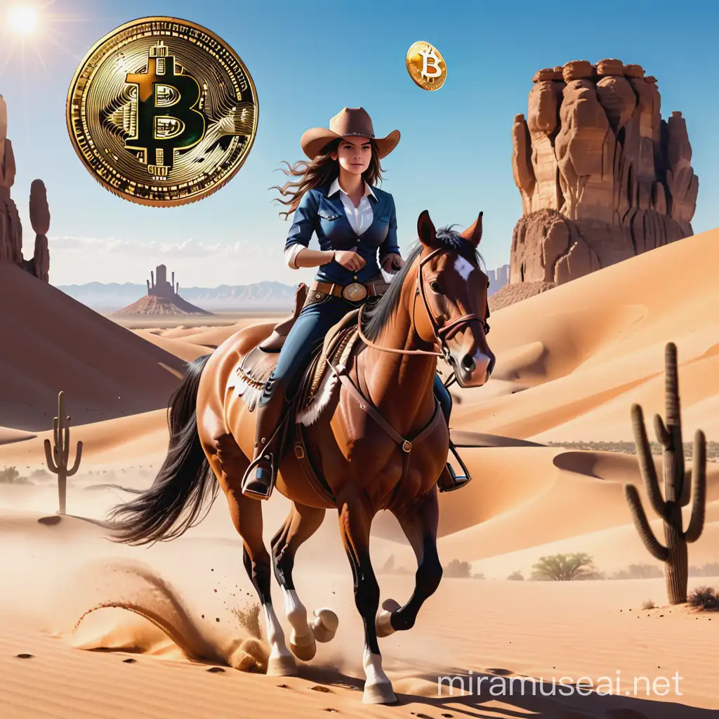 A cowgirl riding a horse through the desert, with a bitcoin coin in the background.