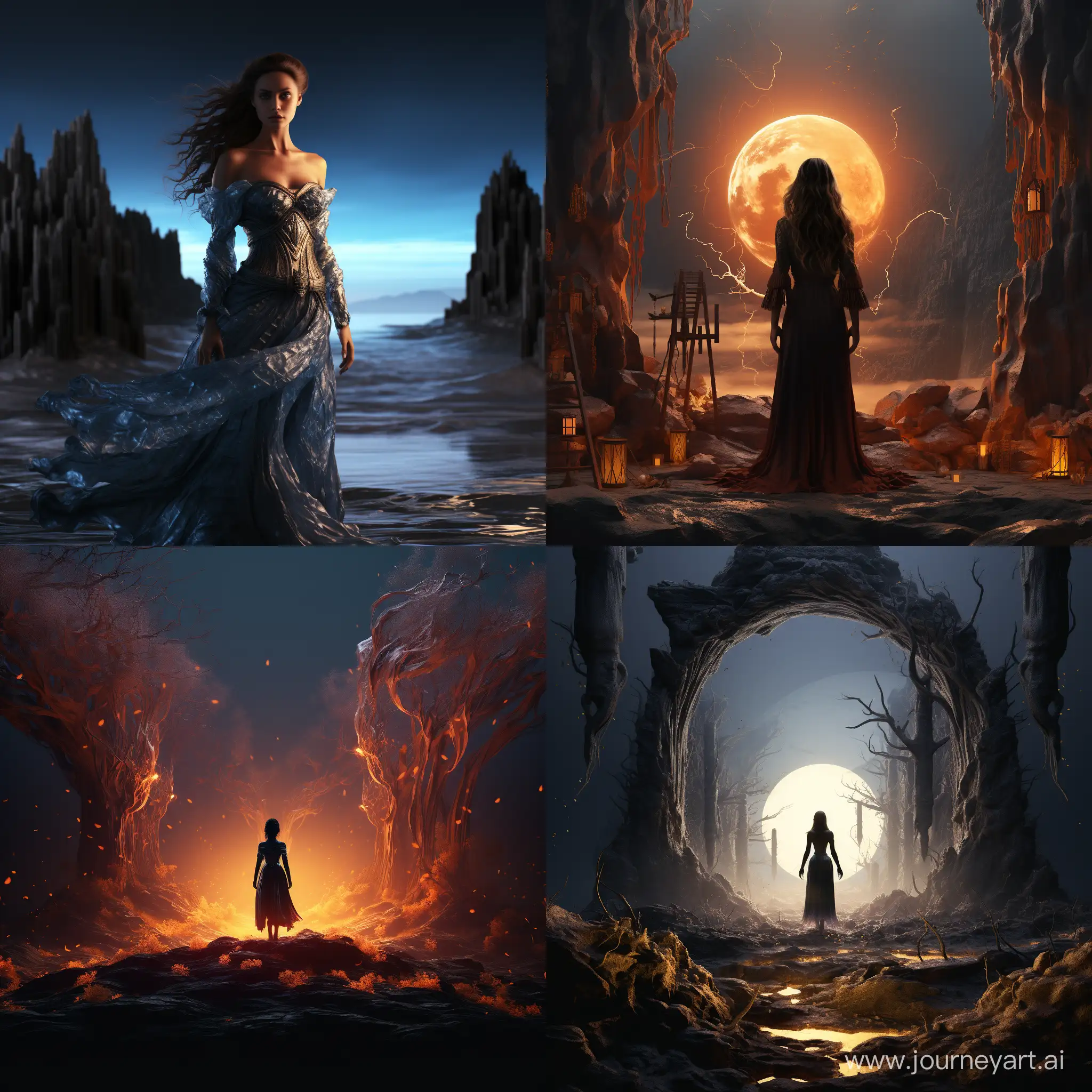 A high-quality artwork, lit dark fantasy realm, full body, featuring a beautiful woman crafted from the elements of the night scenery. Elements such as hue, brushstroke, perspective, easel, shadow, contrast, and composition come together to create a visually captivating piece. Deep of fields details, light particles, 3D render, 8k resolution, octane render, ensuring exquisite quality