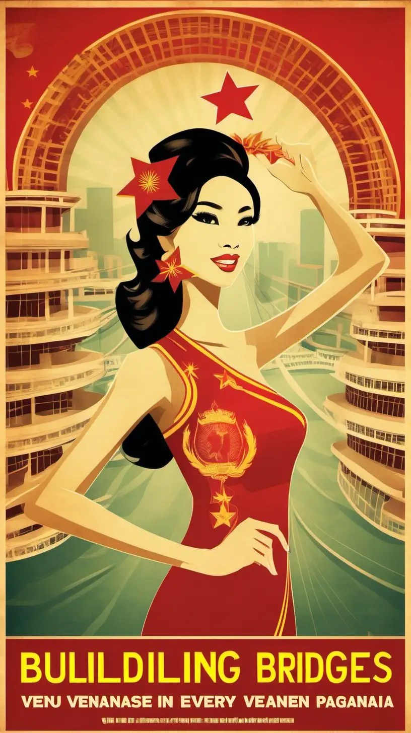 Vietnamese Propaganda Poster Style Building Bridges with Women in Every Role Beauty Pageants