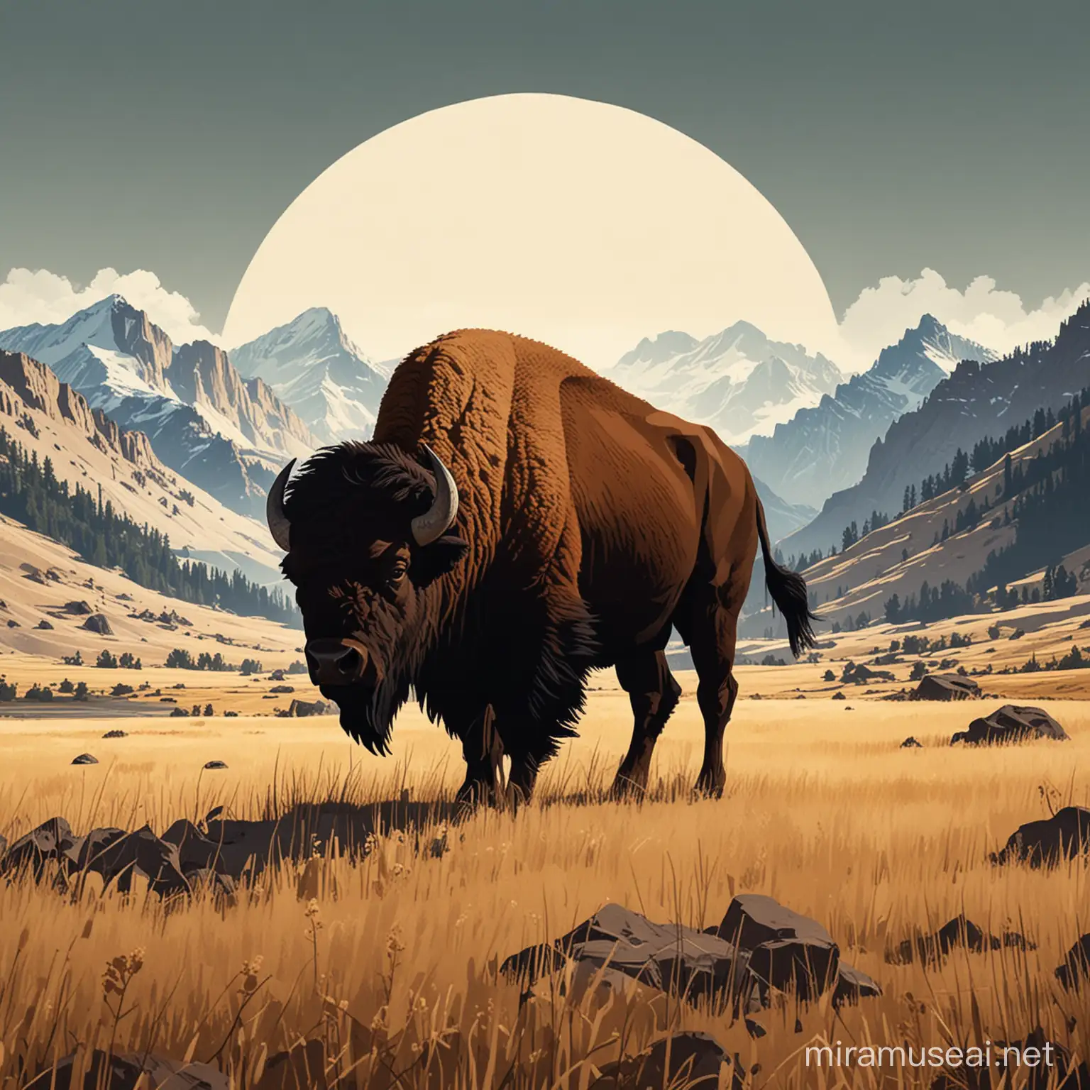 Logo for Law firm called "Yellowstone Law"

Prompt 1:
Description: A majestic bison silhouette against a backdrop of rugged mountains.
Keywords: Bison, strength, mountains, nature, resilience.
Style: Minimalistic, sleek lines.
Media: Digital illustration.
Reference Artist: Charley Harper.