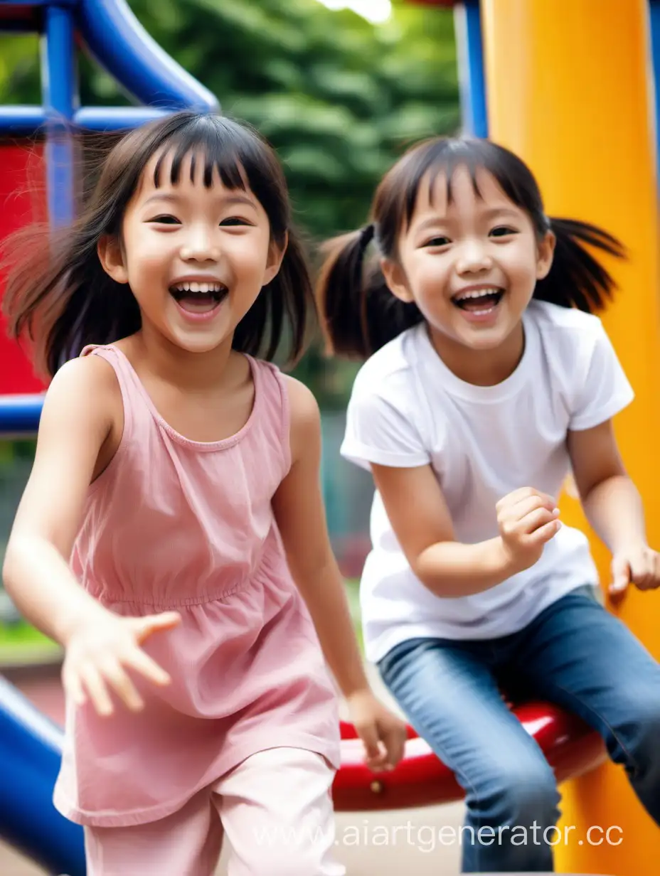веселые дети азиатской внешности на десткой площадке 