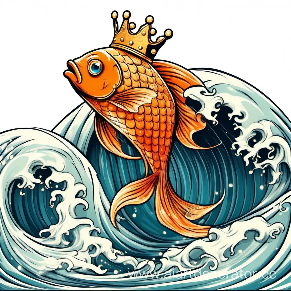 Огромная волна, на гребень волны хвостом опирается милая оранжевая рыбка, голова рыбки смотрит вверх, на голове золотая корона, как в сказке о царе Салтане, вектор, белый фон, стиль фешн