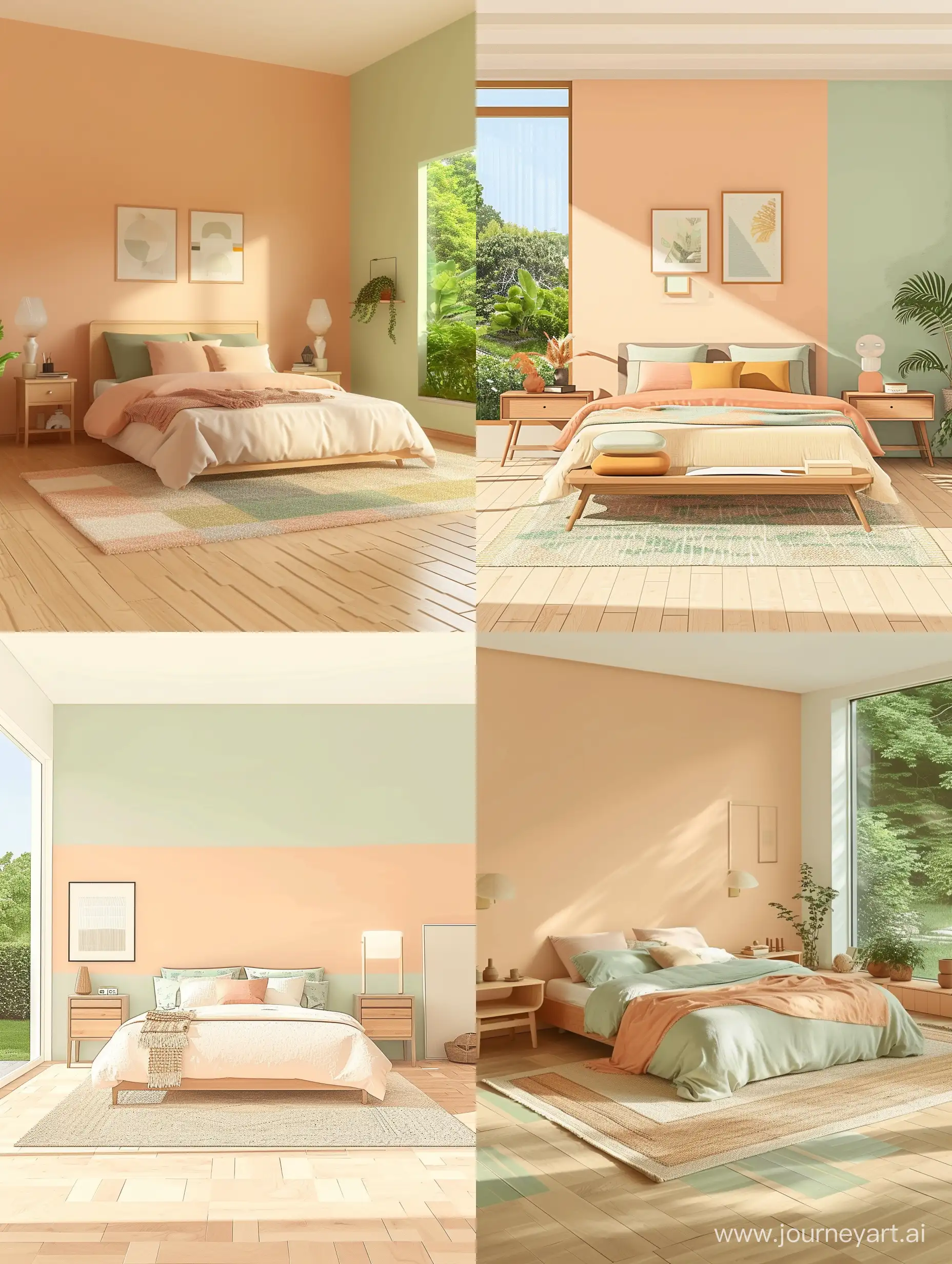camera da letto semplice stile minimal letto due comodini un tappeto pavimento parquet chiaro finestra sul giardino  colore pesca beige verde chiaro 