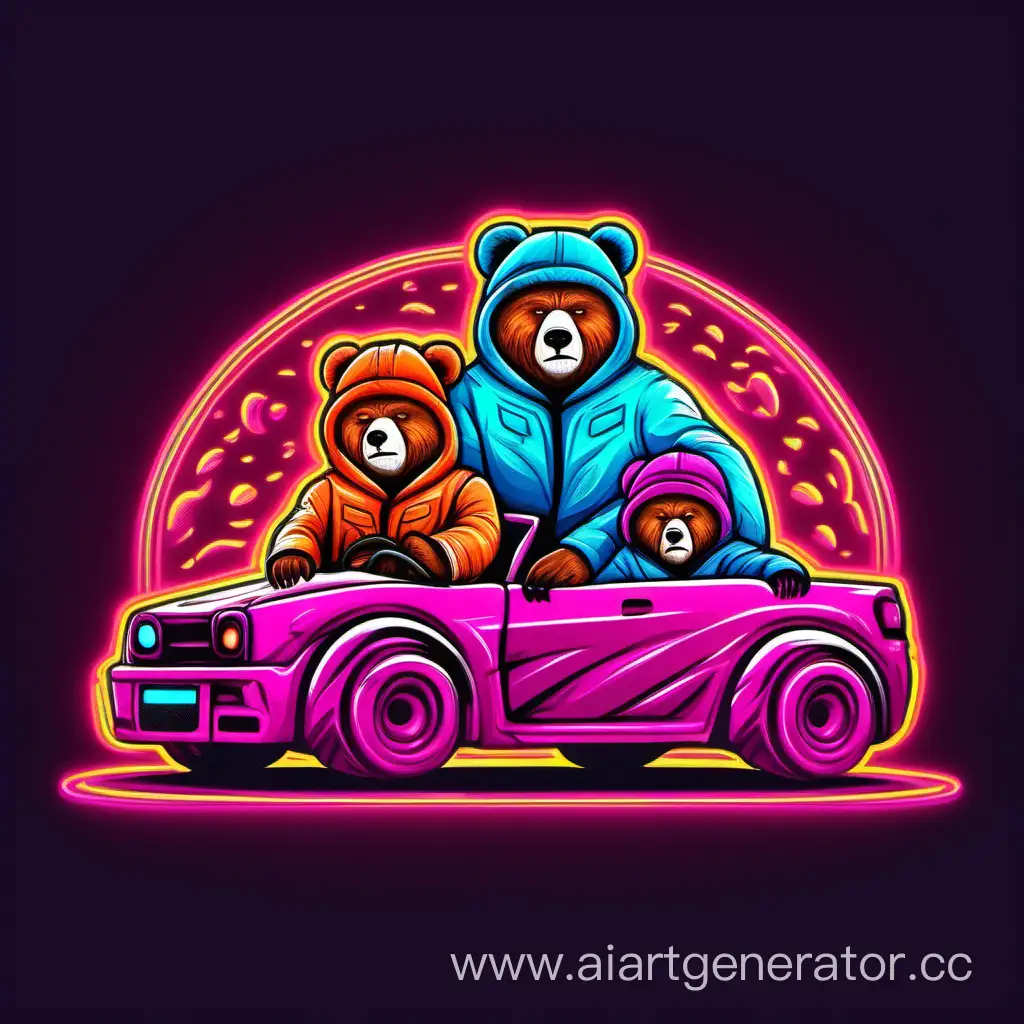 kind Russian dad and son bears in ushanka hats on a drift car neon design