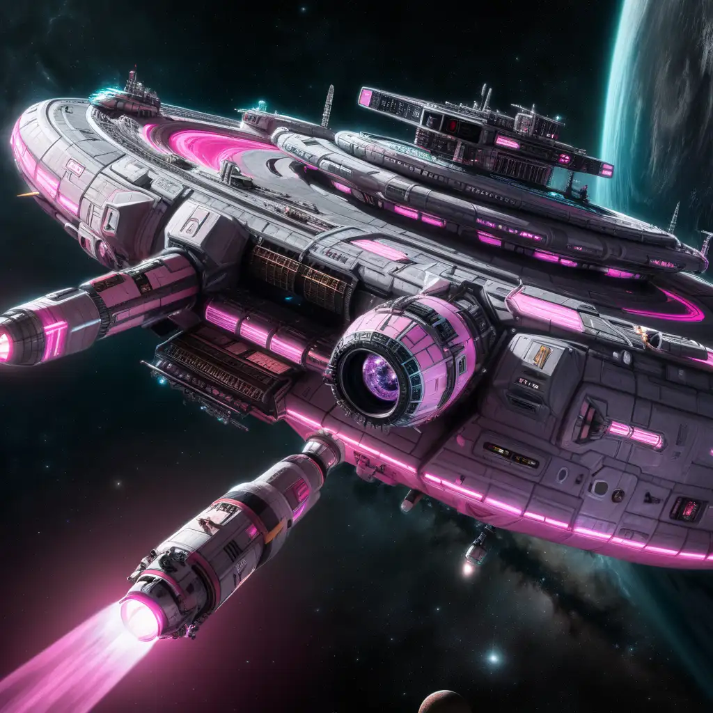 A spaceship cruiser with pink glow, nearby an advanced space station, outer space, darkness 