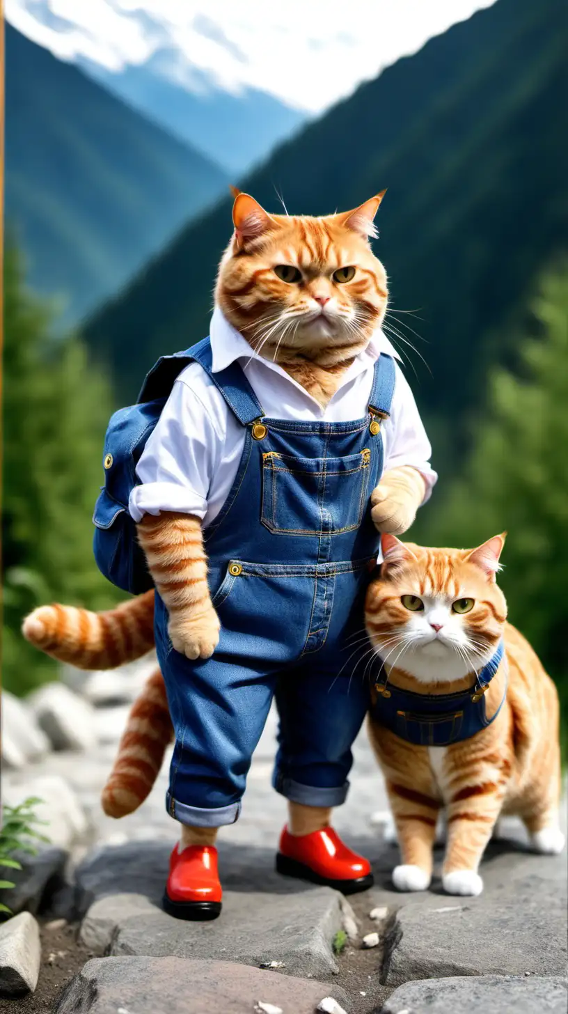 Толстый рыжий кот и толстая рыжая кошка путешествуют в горах в джинсовых кобенизонах