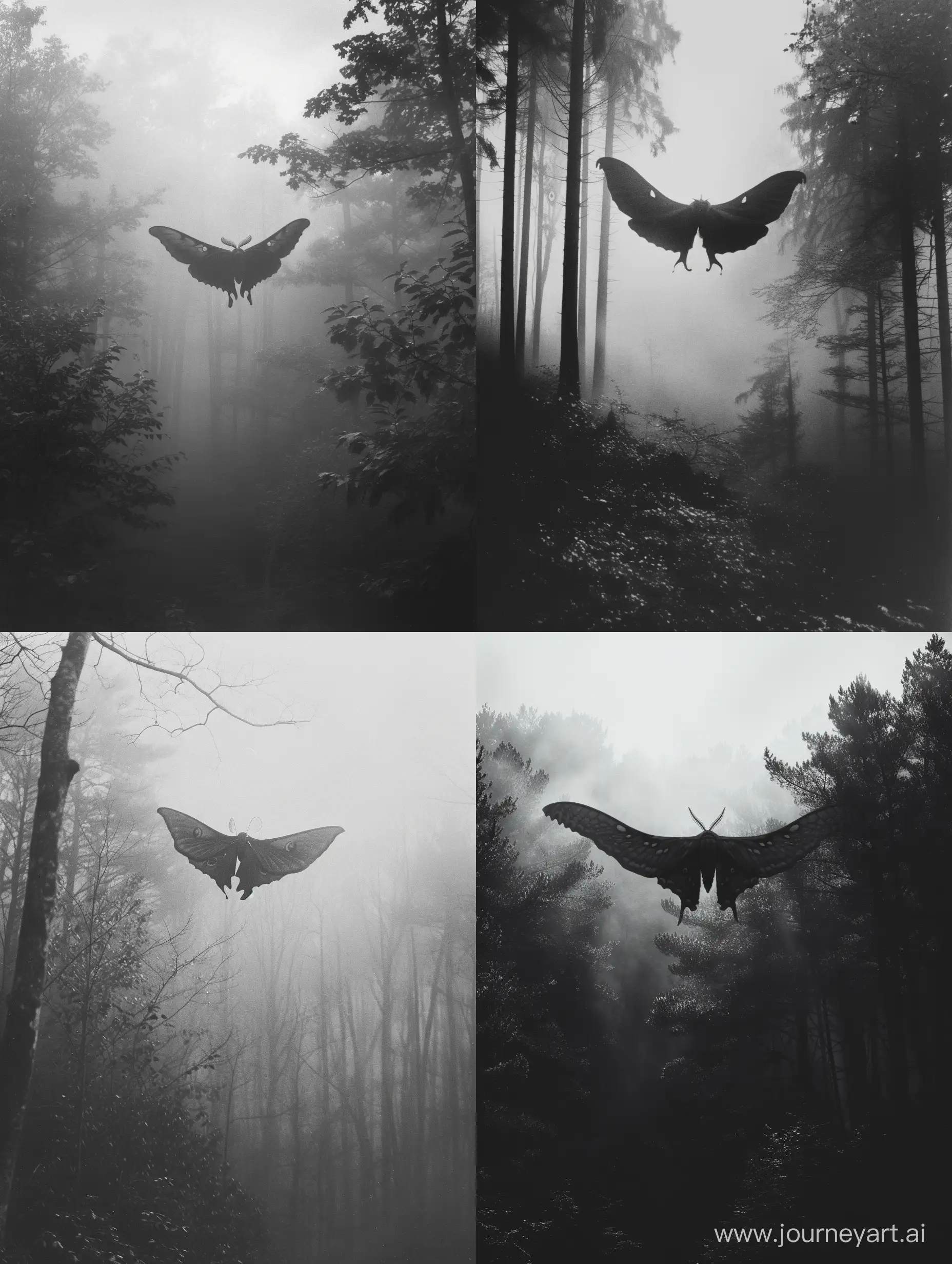 Grayscale photo of Mothman in foggy forest, dark aesthetic, creepy pasta, photo taken on Provia