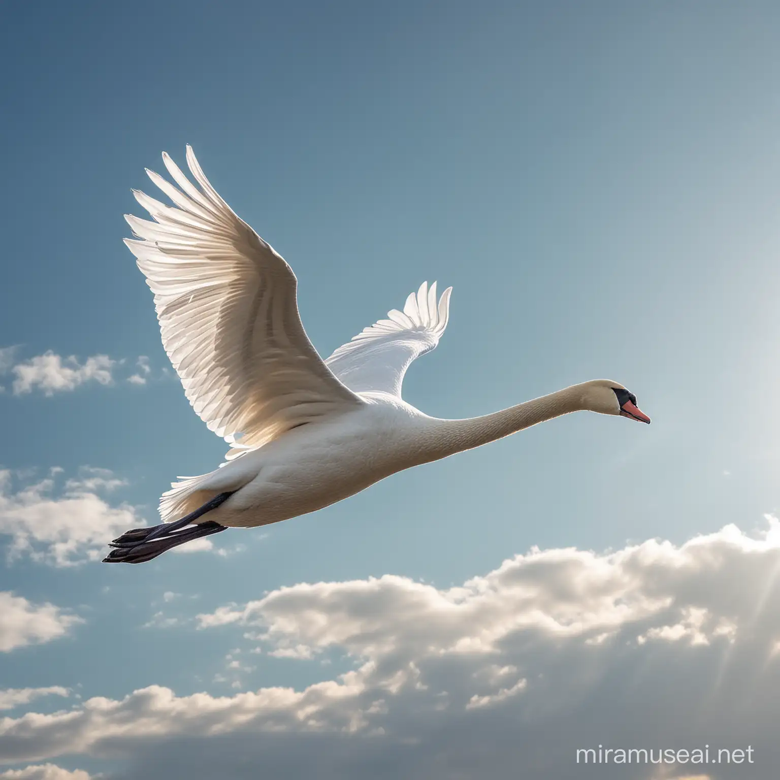 create an  beautiful image of swan  flying in a clear sky
