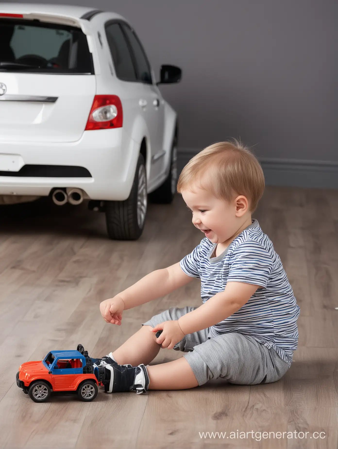 happy boy sits on his knees sideways and plays with cars