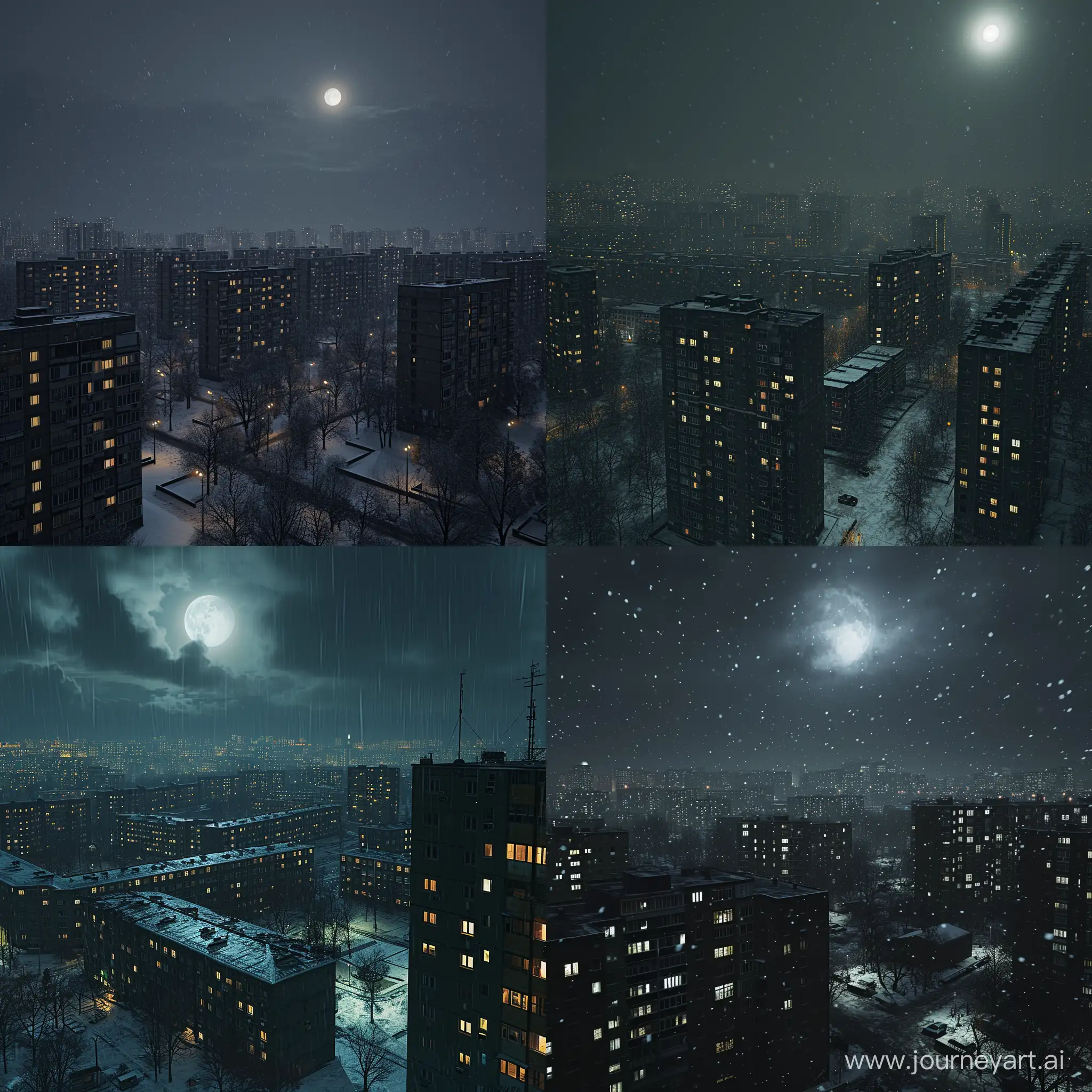 The dark moonlit night illuminates the dark city many block of flats in russia country rain snow:  the city Russia classic design, with open spaces, clean lines, and an emphasis on functionalism, showcasing the essence of block of flats in russia ." natural light, extra sharp, hyper detailed, hyper-realistic, epic, mega realizm unreal ungine 4k 