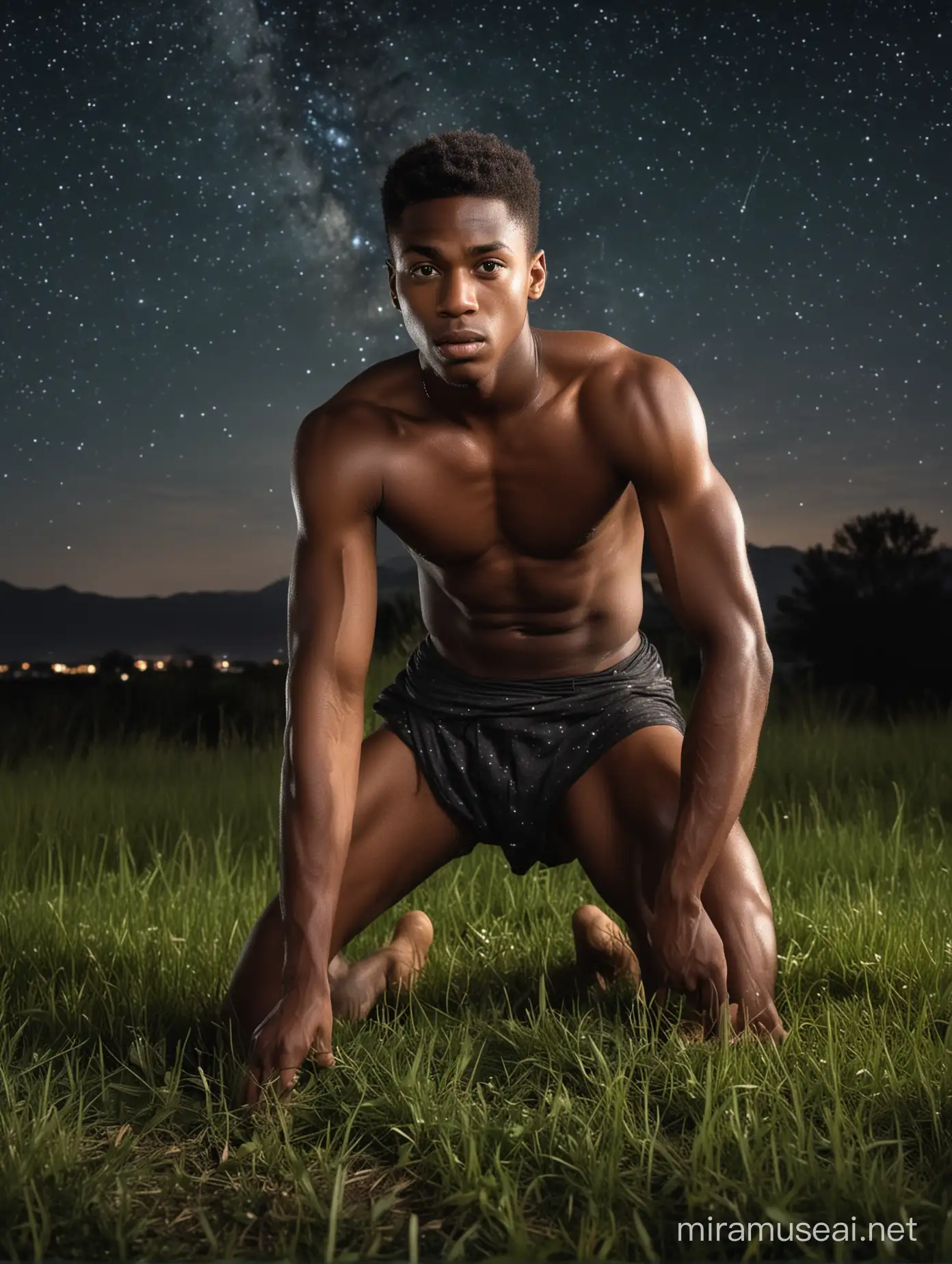 Young sexy muscular all sweaty black boy in loincloth, crouching in grass, at night, under a sky full of stars.