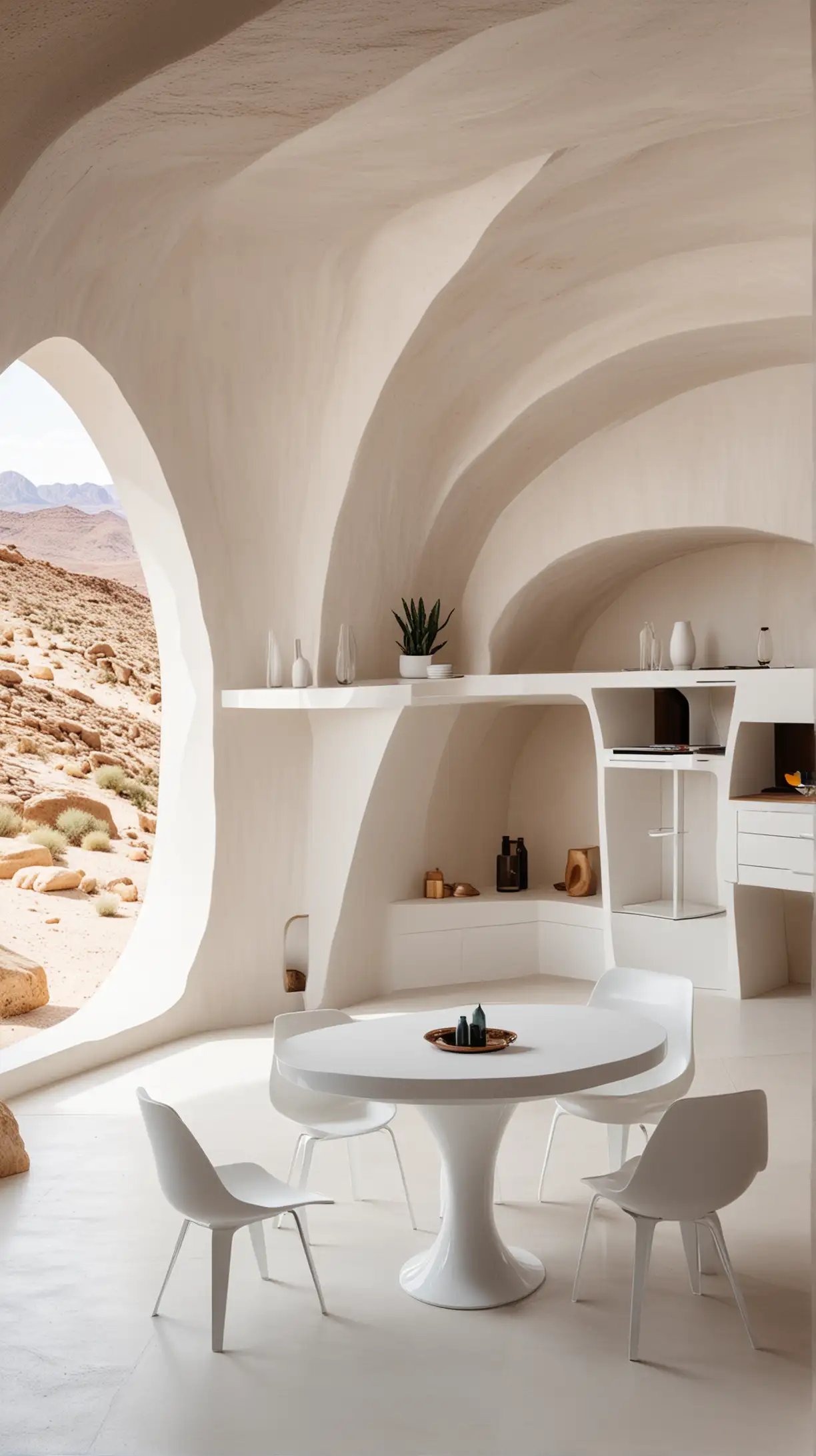 futuristischer Innenraum in einem Höhlengewölbe in der Wüste, hochmoderne Designermöbel und Fokus auf weißen und hellen Oberflächen der Möbel bzw. Tische und Schränke, Minimalismus 