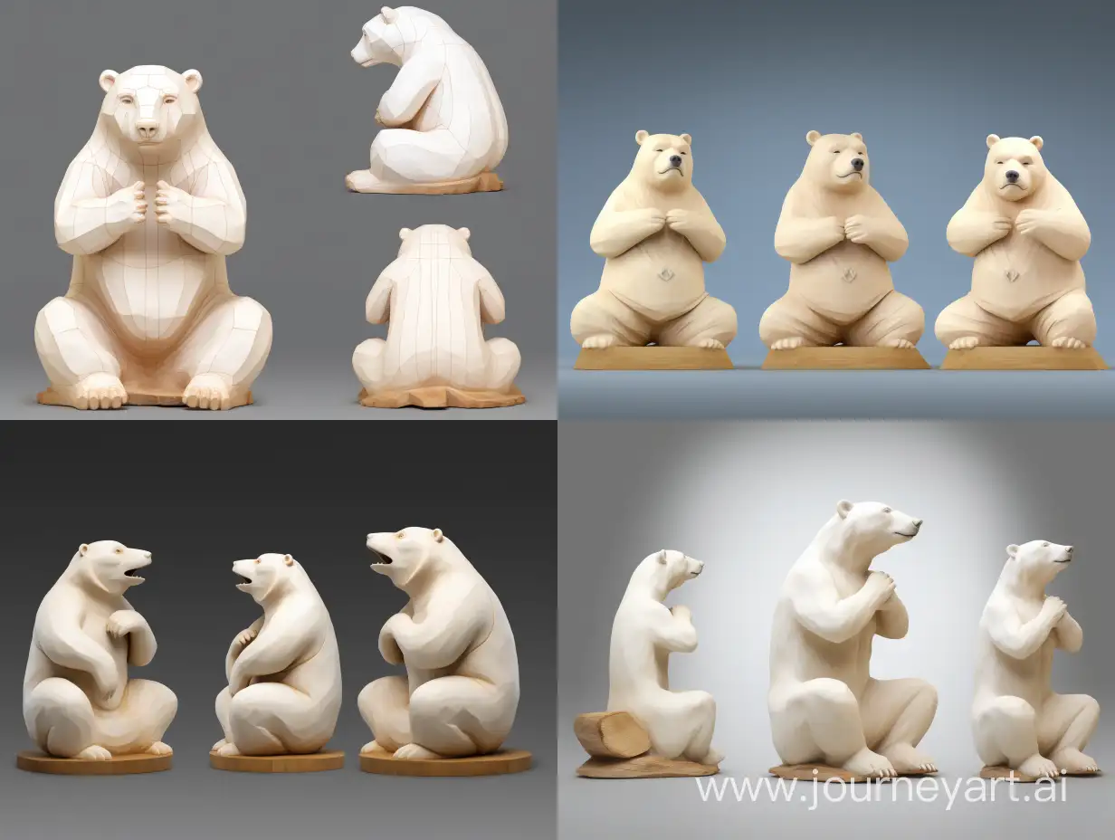 professional sketch for wooden sculpture, full-sized polar bear sitting on its back and enjoying life in a yoga pose bringing its hands to its face, dynamic elegant pose, front view and back view and side view, wood carving, Artstation, highly complete detailed, making of, white background, 8k Render, ultra realistic