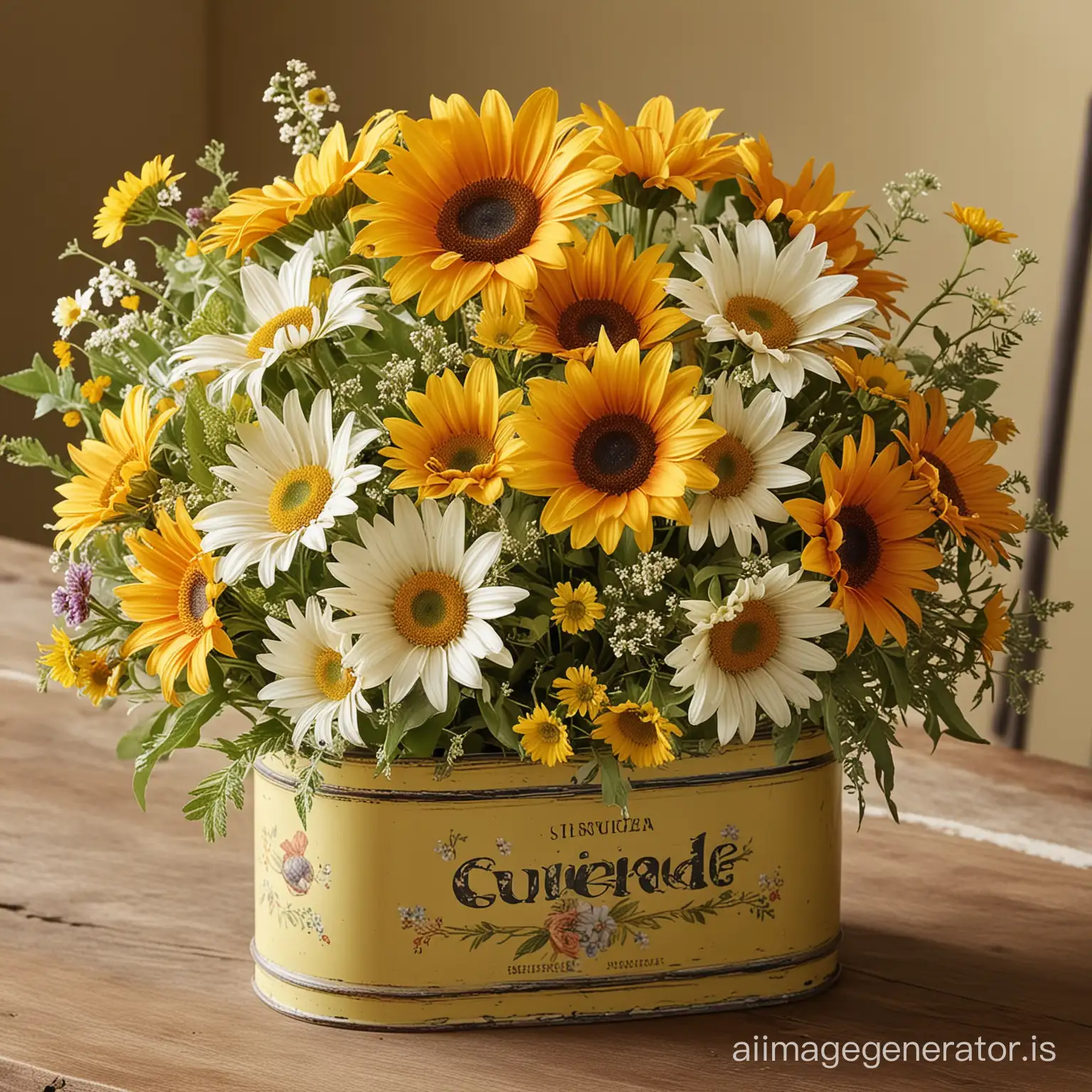 Bright daisies and a mix of wildflowers join sunflowers in a classic metal tin, offering a sunny and joyful centerpiece that exudes casual elegance. It's a blend that brings the simplicity and warmth of a country garden to your table for a vintage centerpiece