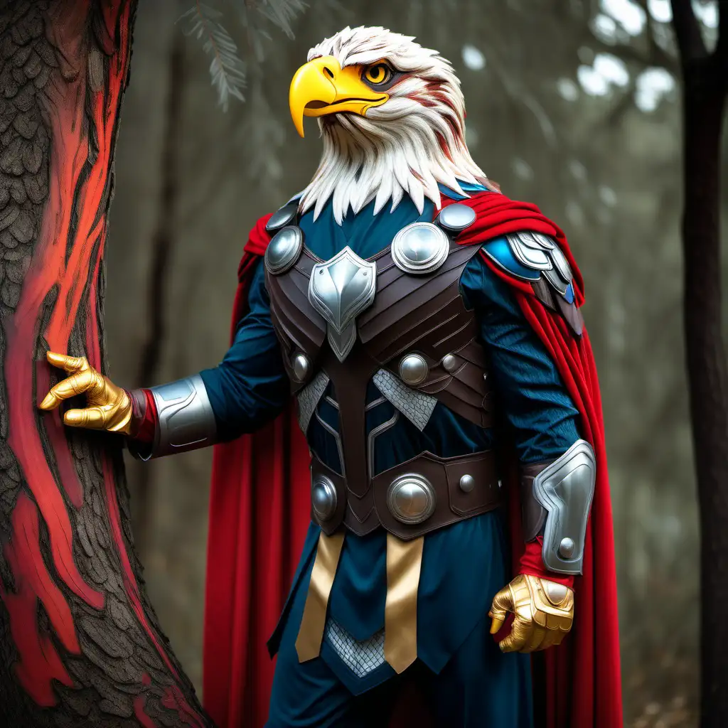 Eagle costume with thor motif. on realistic trees, film stock, bright colors"