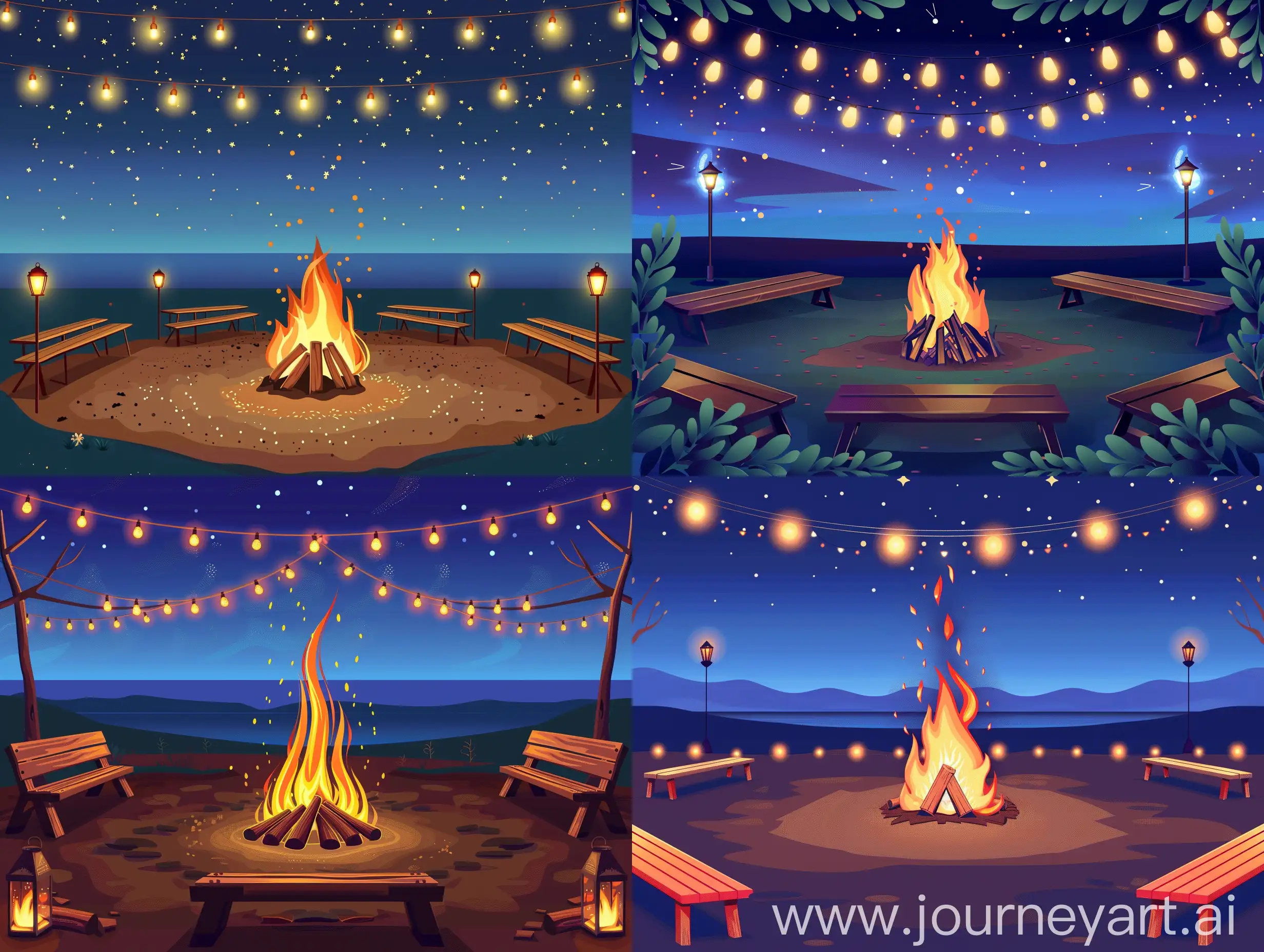 vector illustration campfire by night without sprakles on a arable land, with benches surrounded and lights decorated 