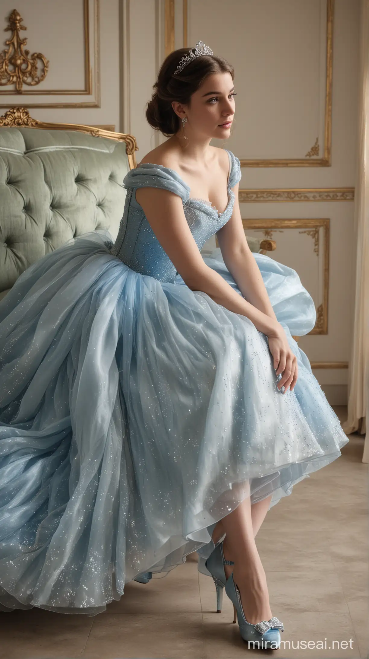 Fotografi sinematik, seorang perempuan usia 30 tahun memakai baju Cinderella dan sepatu kaca, duduk dengan elegan.