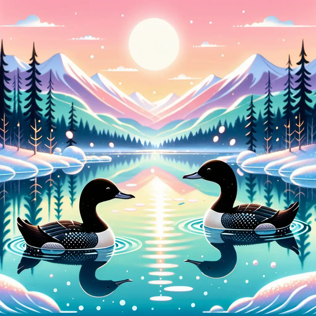 Kawaii Style Majestic Loons Gliding Over Sparkling Icy Lake
