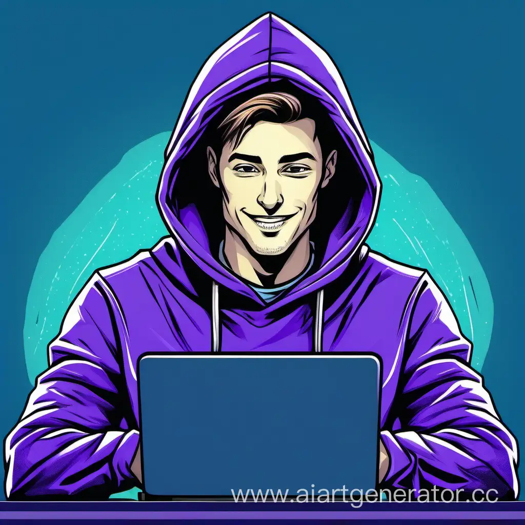 Joyful-Hooded-Man-Working-on-Laptop-with-Vibrant-BluePurple-Background