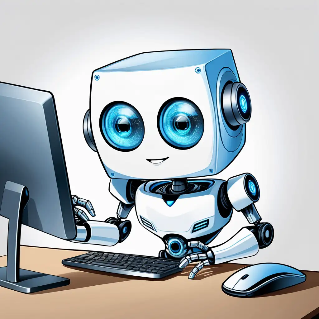  cute superhero robot with blue eyes and a square head  and technology superpowers working at a desk
