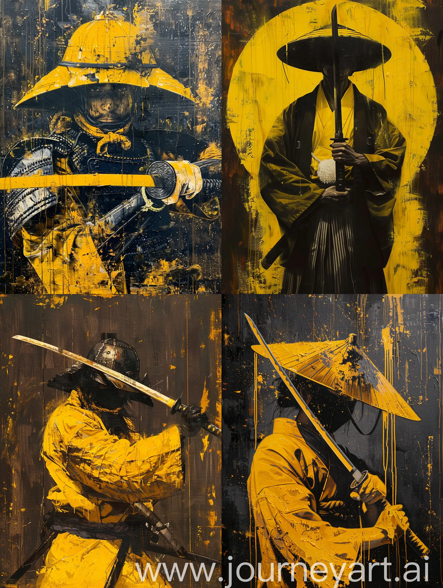 the samurai wearing holds a sword, in the style of anime aesthetic, yellow and black, Ancient japanese warrior, Antique Edo Period Kabuto helmet, Orientalist oil painting, in the style of Jean-Léon Gérôme
