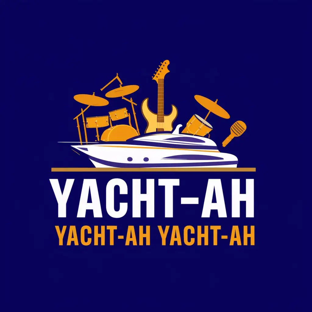 logo, yacht, guitar, drums, mic, with the text "Yacht-ah Yacht-ah Yacht-ah", typography, be used in Entertainment industry