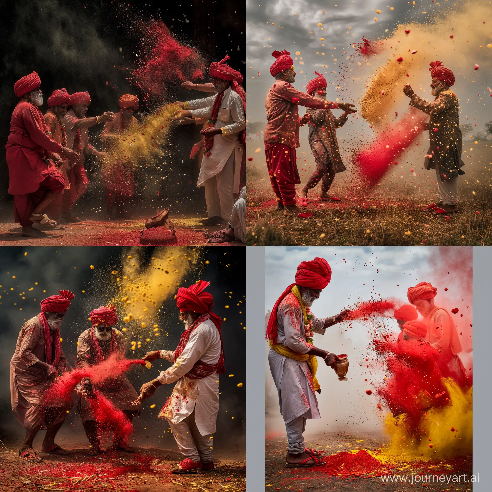  to rabari farmers rajasthan  70 years old with red turbans  and rajasthan shoes trowing holy powder red and yellow to each other  powder is flying around every where some movement  low contrast and light 50 mm fuji xt4 foto realistisch