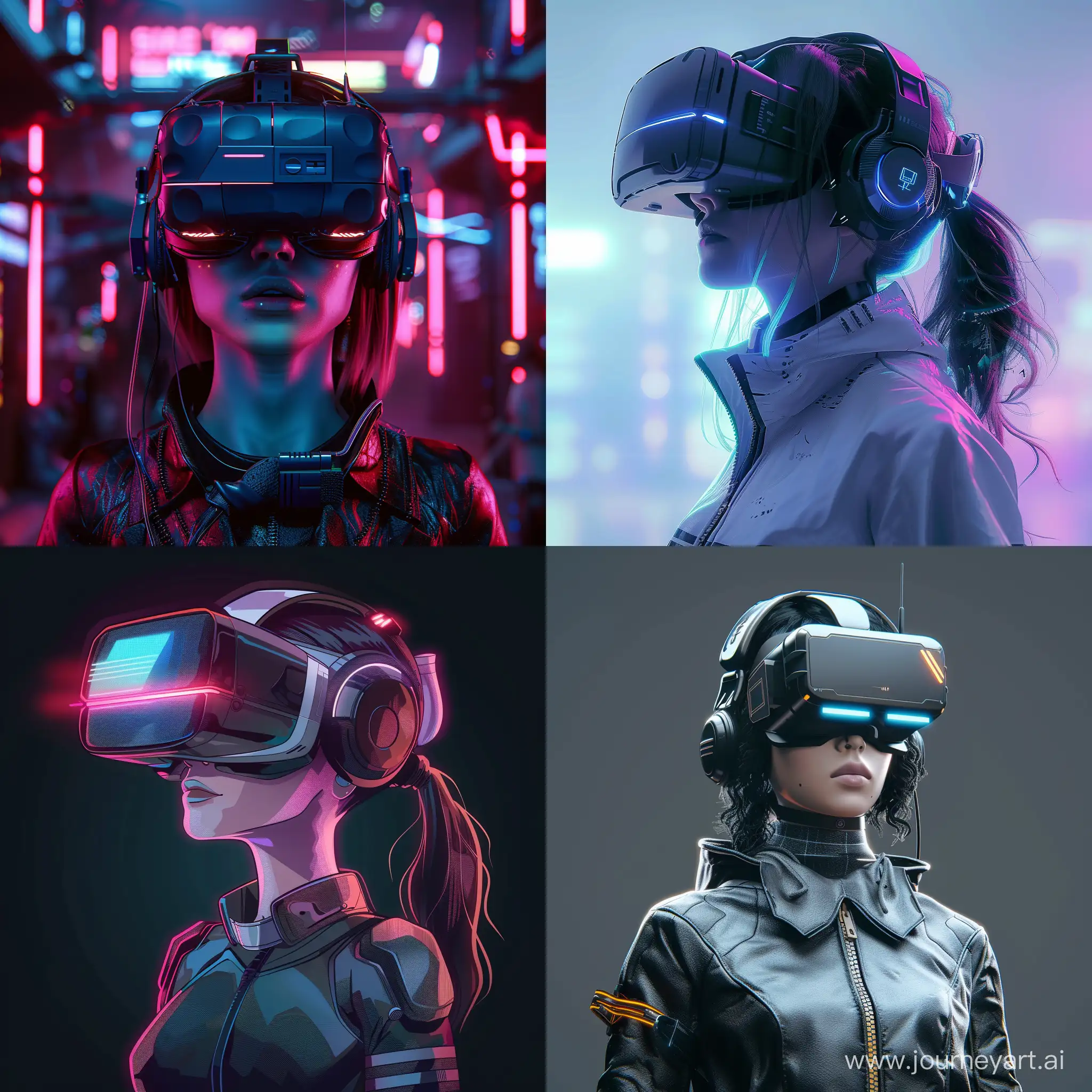 generate in image of animation girl character wearing a VR headset, cyberpunk theme, futuristic setting