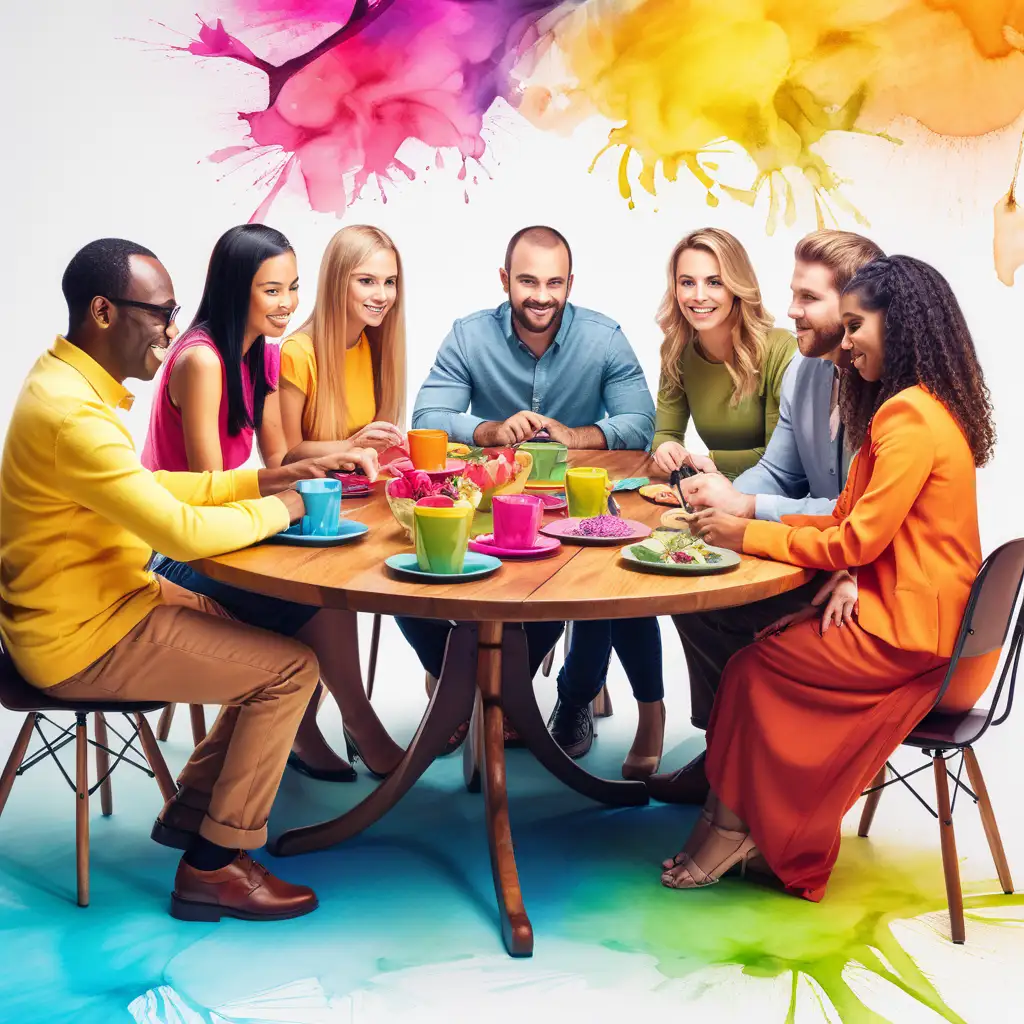Create a colorful picture of a group of people sitting around a beautiful table.