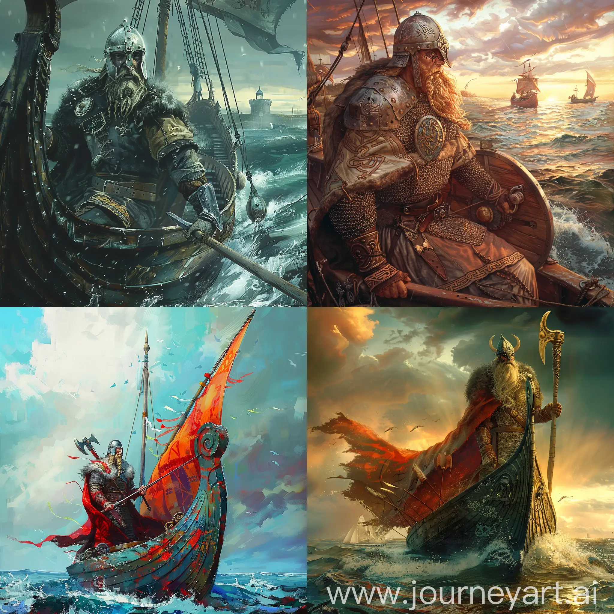 Moebius style image of A Viking warrior in a ship, Baltic Sea, art, hd