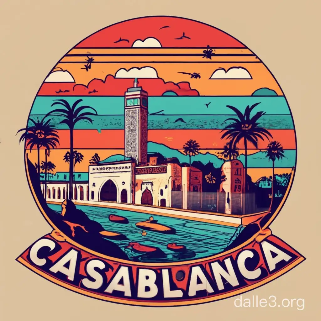 A vibrant color vintage-style t-shirt design of the historic city of Casablanca.