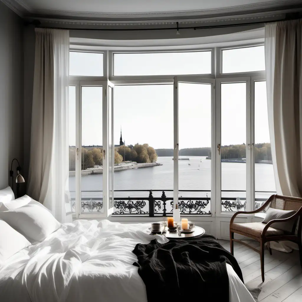 a large luxurious bedroom in a huge turn-of-the-century apartment in Stockholm, a large window where you look out over the water on the beach road. the bedroom should be in Scandinavian style with the colors white, beige, brown and black details. A large flyffy bed, and luxurious fluffy pillows, wooden bench in front of the bed and also candles on the bedside table. And simple white linen curtains in one of the windows. 
Also add a balcony with cafe chairs and a small round away. Breakfast is laid out on the small round table.