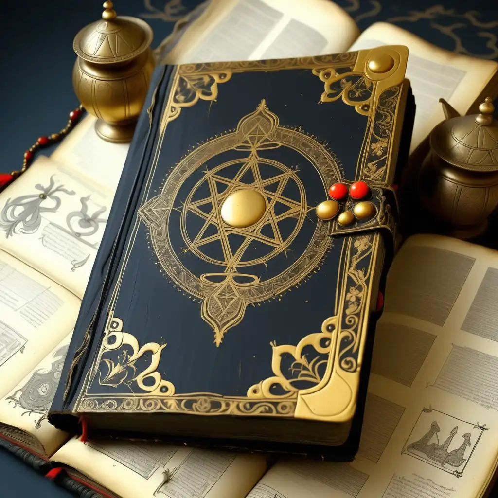 очень древняя книга черного цвета   гравировка золотом 
   Волшебство 