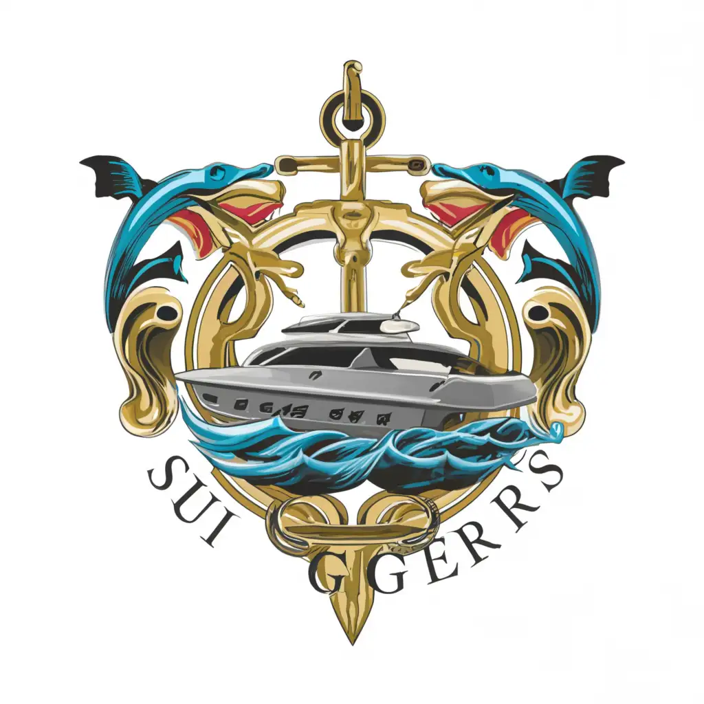 a logo design, with the text 'Sui Generis', main symbol: yacht, dolphin globe, water compass, Moderate, clear background. The requirement is to design a brand name and logo in different variations to be placed in numerous locations both inside and outside the yacht. The design will be produced in different materials and use different surfaces as background: metal, wood, mosaic, leather. The basic colors of the yacht are blue, grey and white. The owner would like the brand to be balanced with emphasis being on simple luxury. Therefore the script/fonts should be creative but not excessively complex. Abstract ideas are welcome in particular relating to his concept of combining symbols of dolphin/bird/globe/compass in the logo. It would be ideal if the logo is readable as central letter ‘e’ of the name Gen(e)ris and located in its place. The preferred bird to be used in logo is Seagull. The dolphin should be seen jumping out of the water. The compass should be located around the globe. If applied to the provided transom photo of the yacht the background colour should be dark blue. The outside name/logo presentation should be RGB or backlit stainless steel