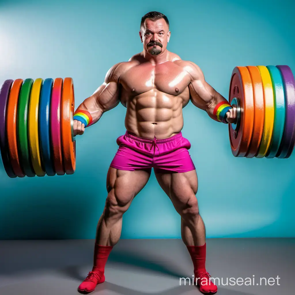 Muscular Strongman Exercising with Rainbow Colored Weights