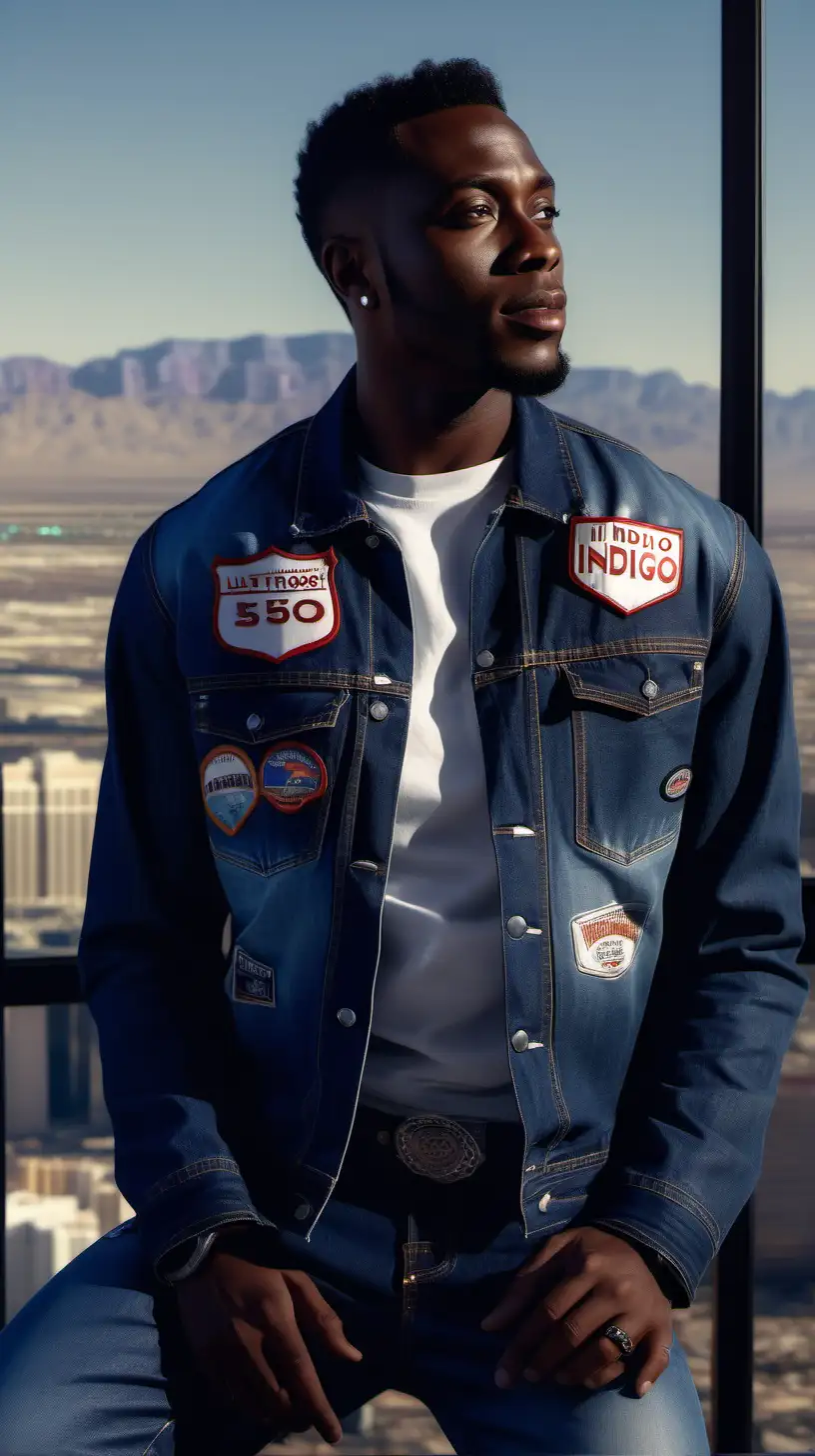 Handsome Black man, wearing Indigo, Denim, mechanic jacket with racing patches, wearing white tee shirt, wearing Indigo Blue, denim jeans, leaning against large windows, in Penthouse, over looking Las Vegas sky line, Break of Dawn sky in the distance Ultra 4k, high definition, 1080p resolution, lighting is volumetric